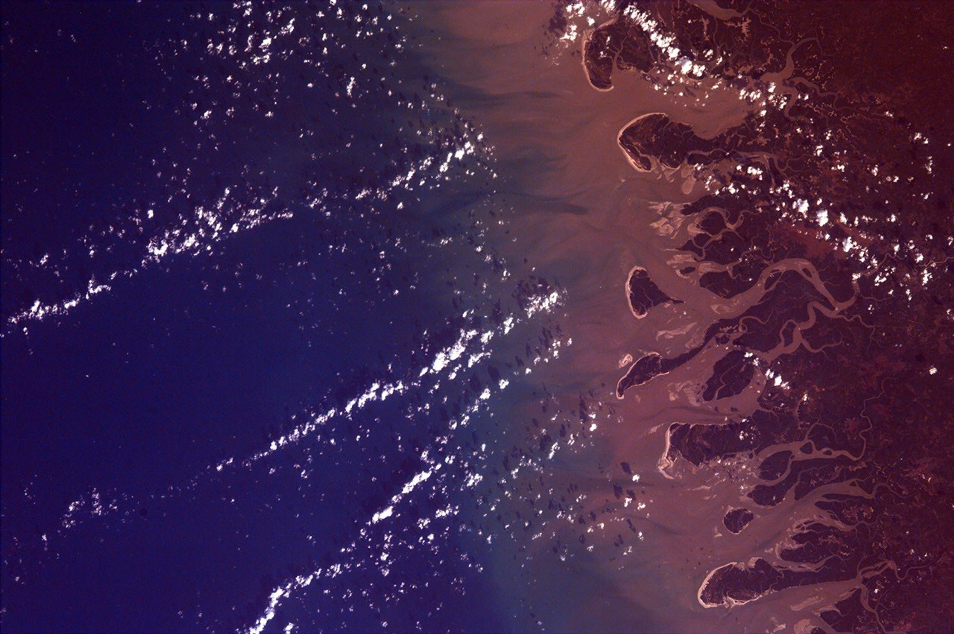 This is an image from NASA's EarthKAM of the Rio Gurupi in the Brazilian state of Maranhao and its delta. It is the only open sea delta in the Americas and has more than 70 islands of various sizes.