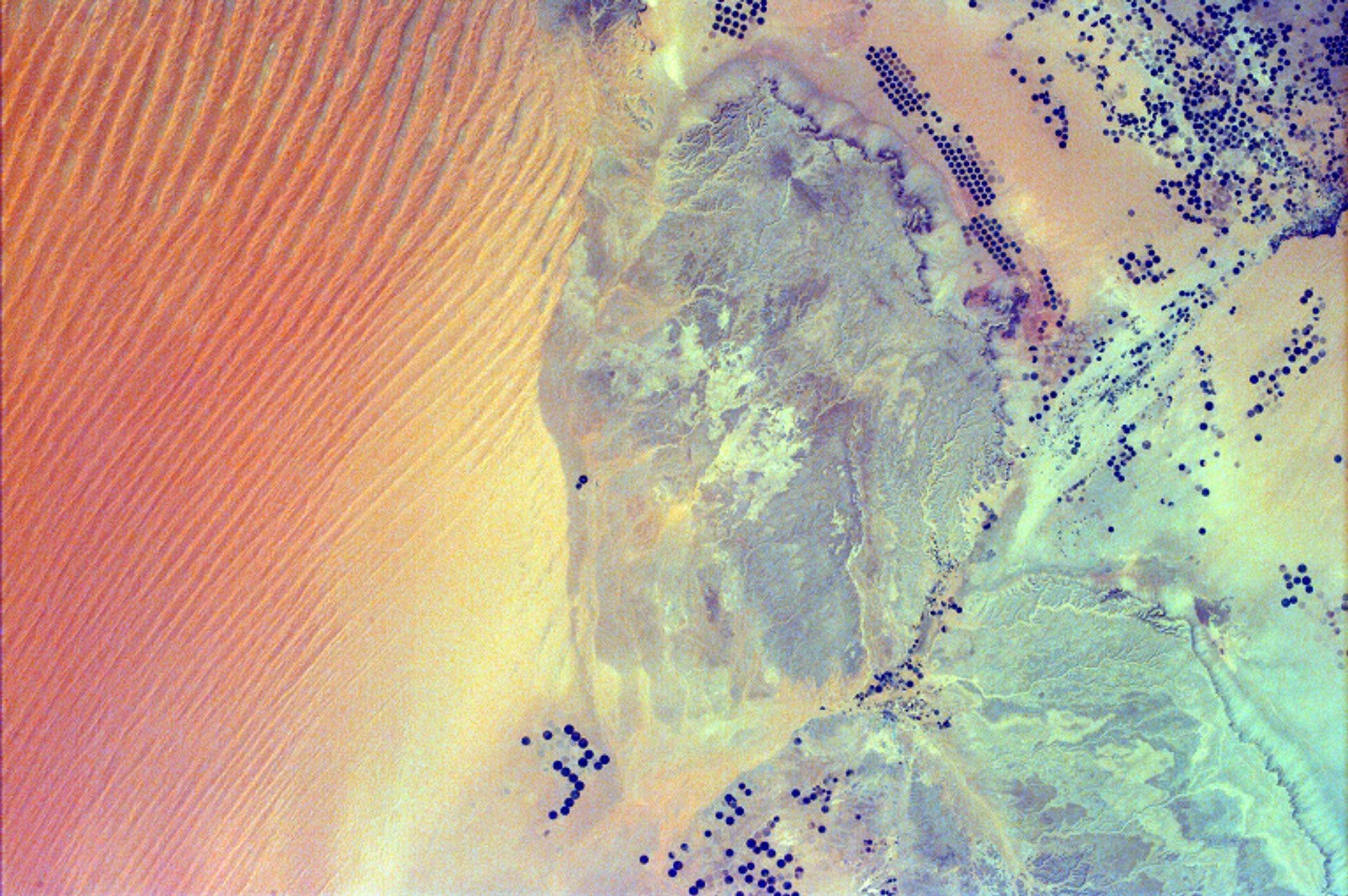This image from NASA's EarthKAM shows pivot irrigation near the city of As Sulayyil (Sulayel), Saudi Arabia. The edge of the Rub' al-Khali or Empty Quarter is visible in the southeast.