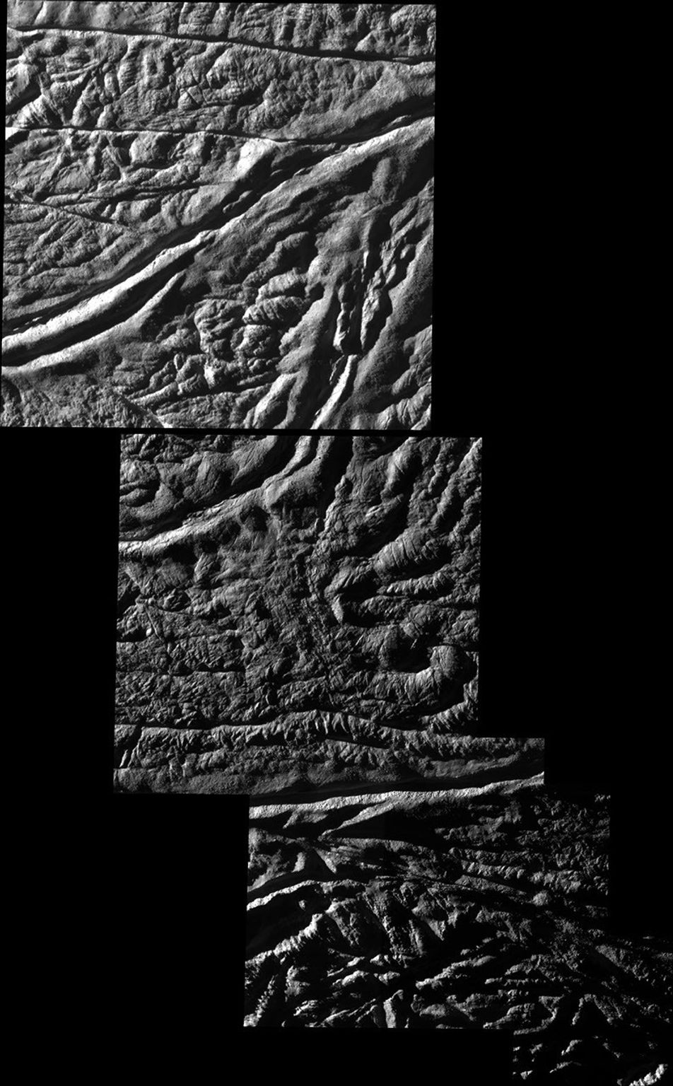 NASA's Cassini spacecraft shot past the surface of Saturn's moon Enceladus on Aug. 11, 2008, acquiring a set of seven high-resolution images targeting known jet source locations on the moon's 'tiger stripe' fractures, or sulci.