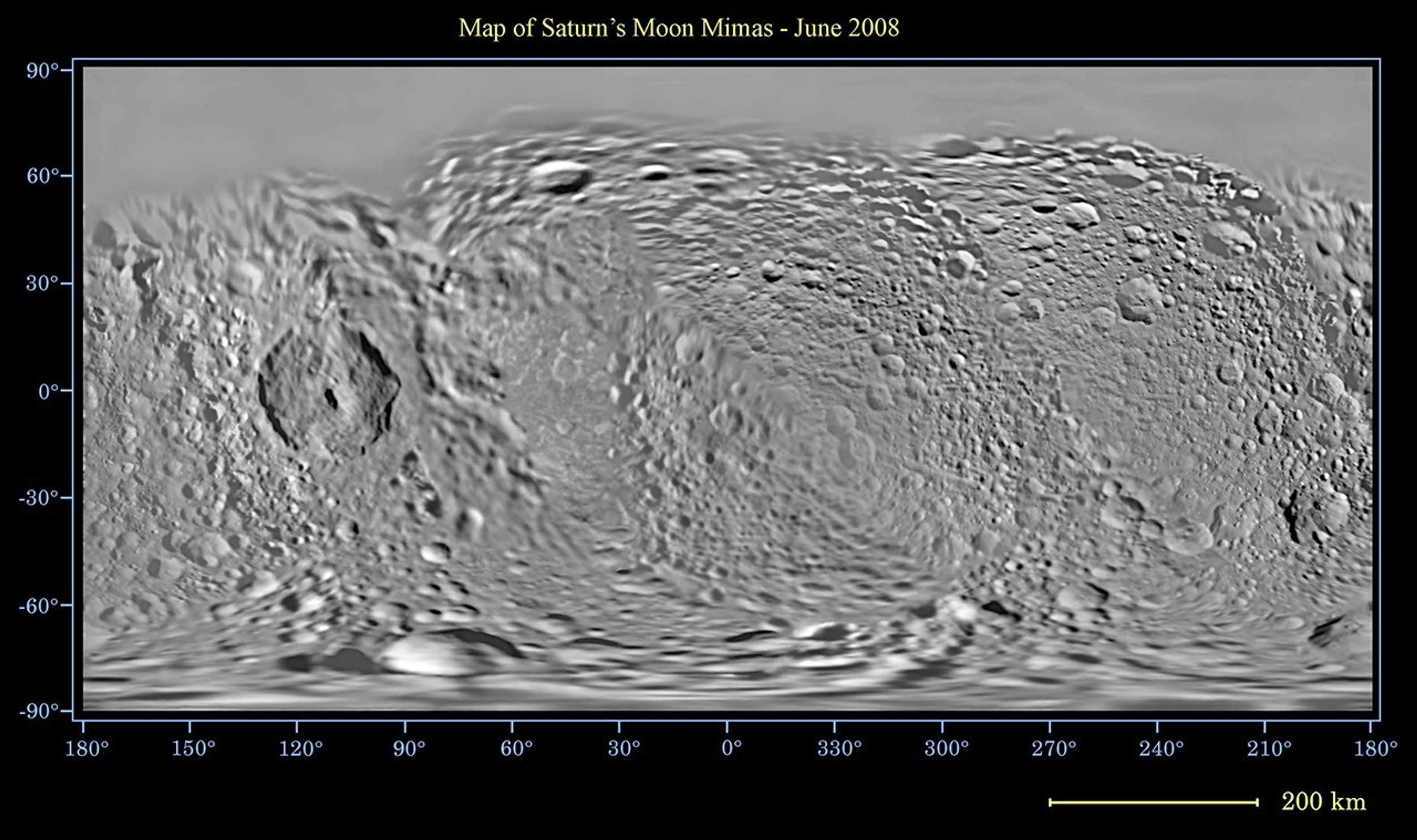 This global map of Saturn's moon Mimas was created using images taken NASA's Cassini spacecraft flybys, with Voyager images filling in the gaps in Cassini's coverage.