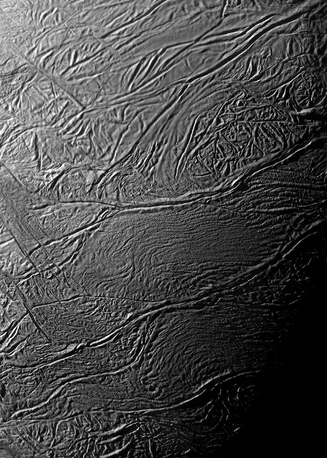 During two close flybys of Saturn's moon Enceladus in 2008, the cameras on NASA's Cassini spacecraft acquired several very high-resolution images of specific regions of the south polar terrain.
