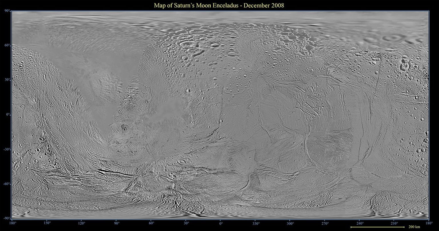 This global map of Saturn's moon Enceladus was created using images taken during NASA's Cassini spacecraft's flybys, with Voyager images filling in the gaps in Cassini's coverage.