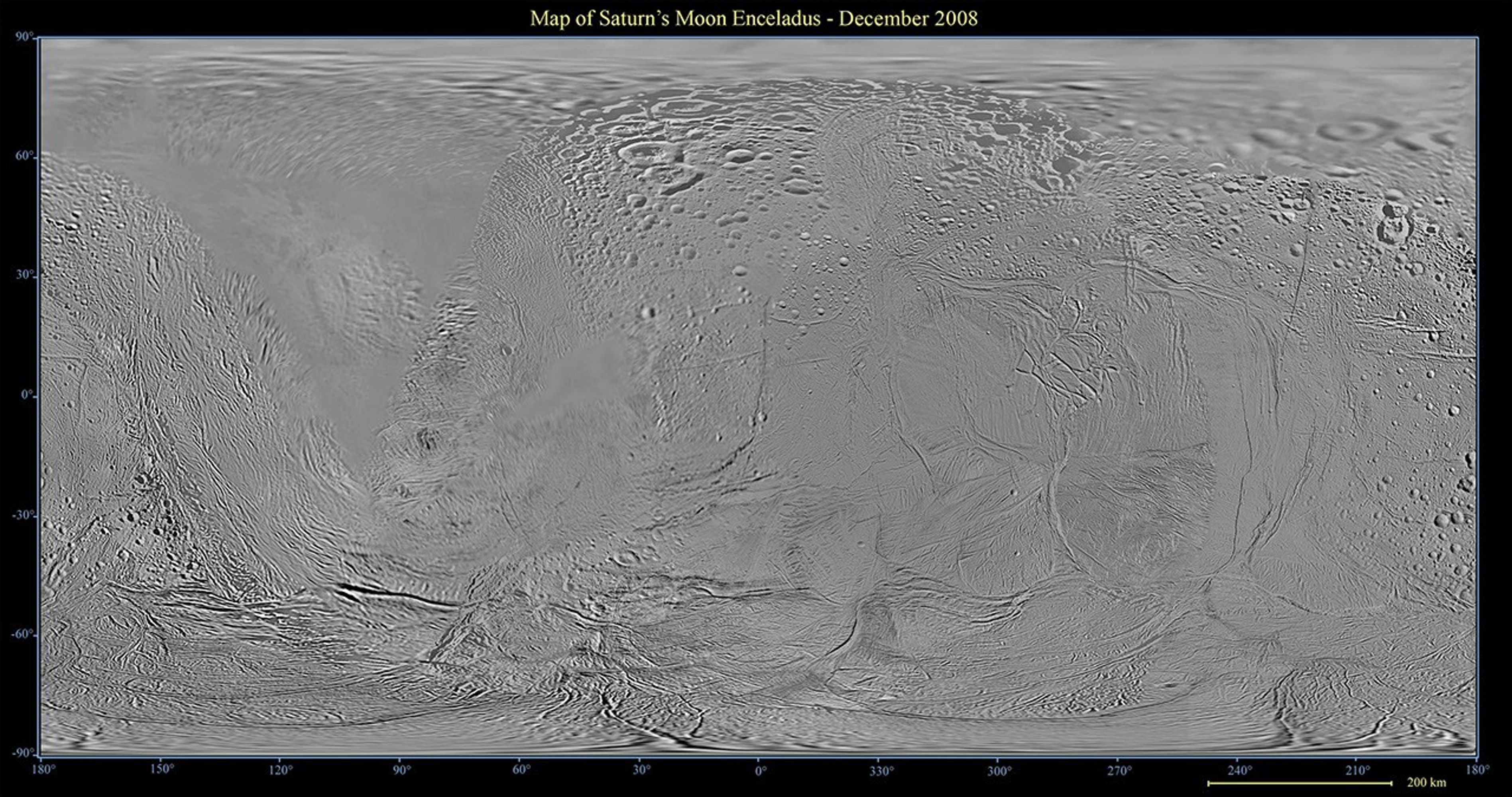 This global map of Saturn's moon Enceladus was created using images taken during NASA's Cassini spacecraft's flybys, with Voyager images filling in the gaps in Cassini's coverage.