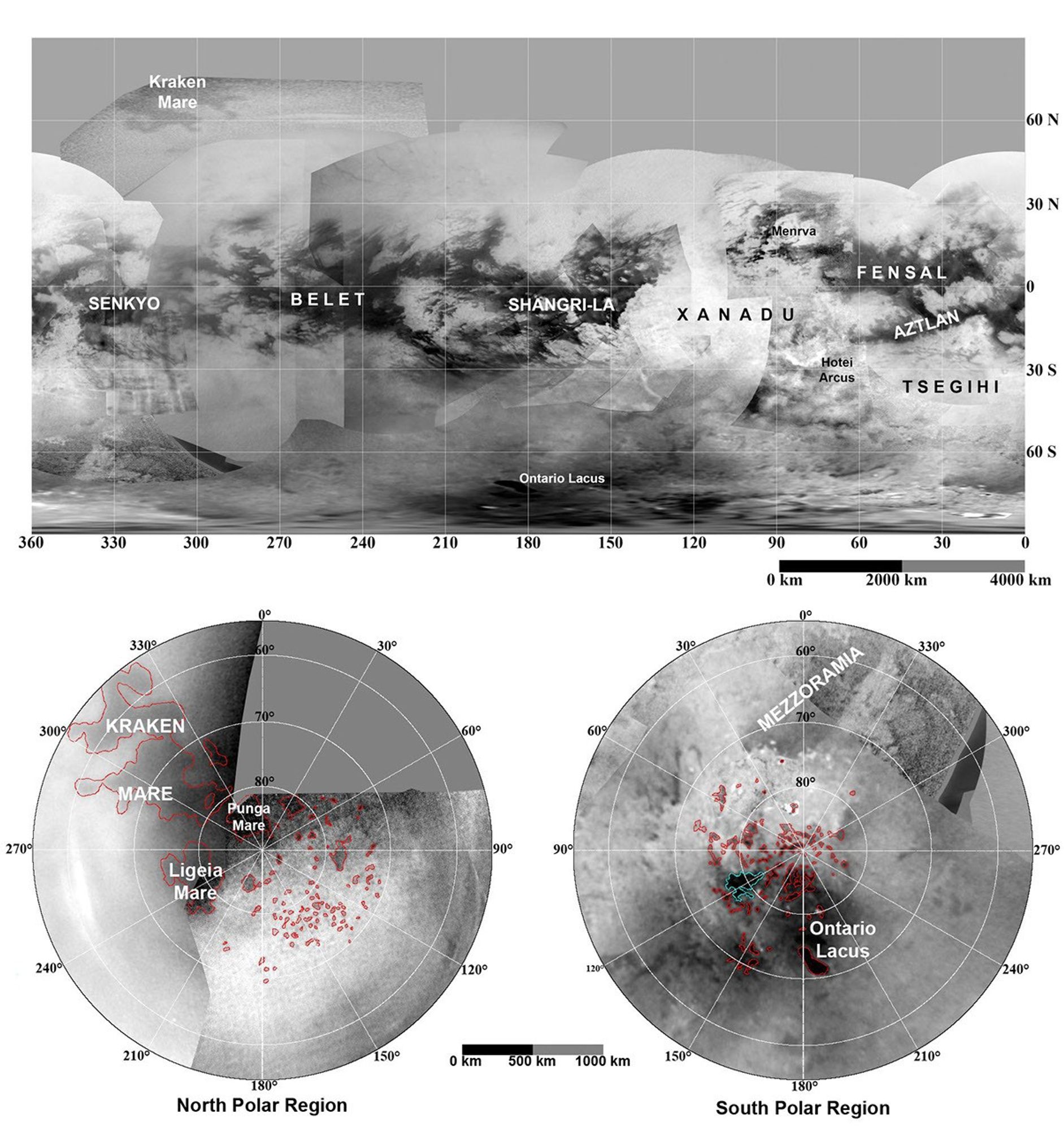 These updated maps of Saturn's moon Titan, consisting of data from NASA's Cassini imaging science subsystem, include Cassini's August 2008 imaging of the moon's northern hemisphere.
