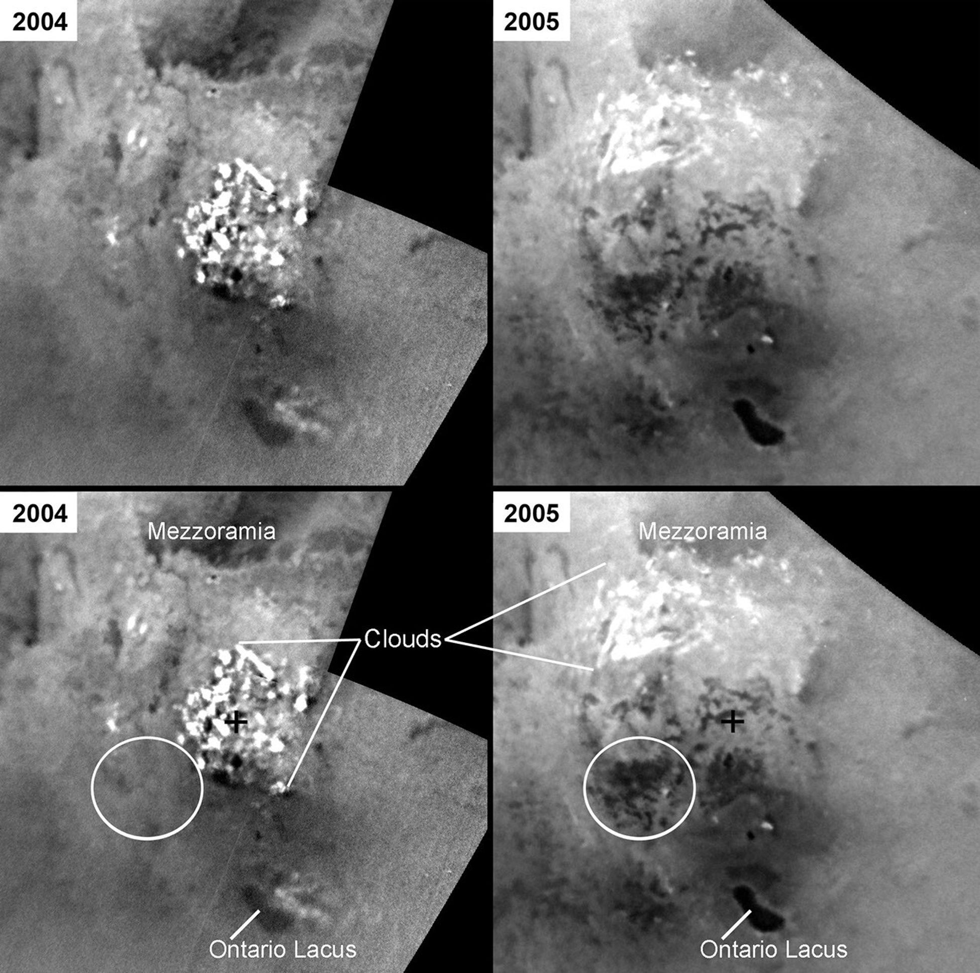 These mosaics of the south pole of Saturn's moon Titan, made from images captured by NASA's Cassini spacecraft taken almost one year apart, show changes in dark areas that may be lakes filled by seasonal rains of liquid hydrocarbons.