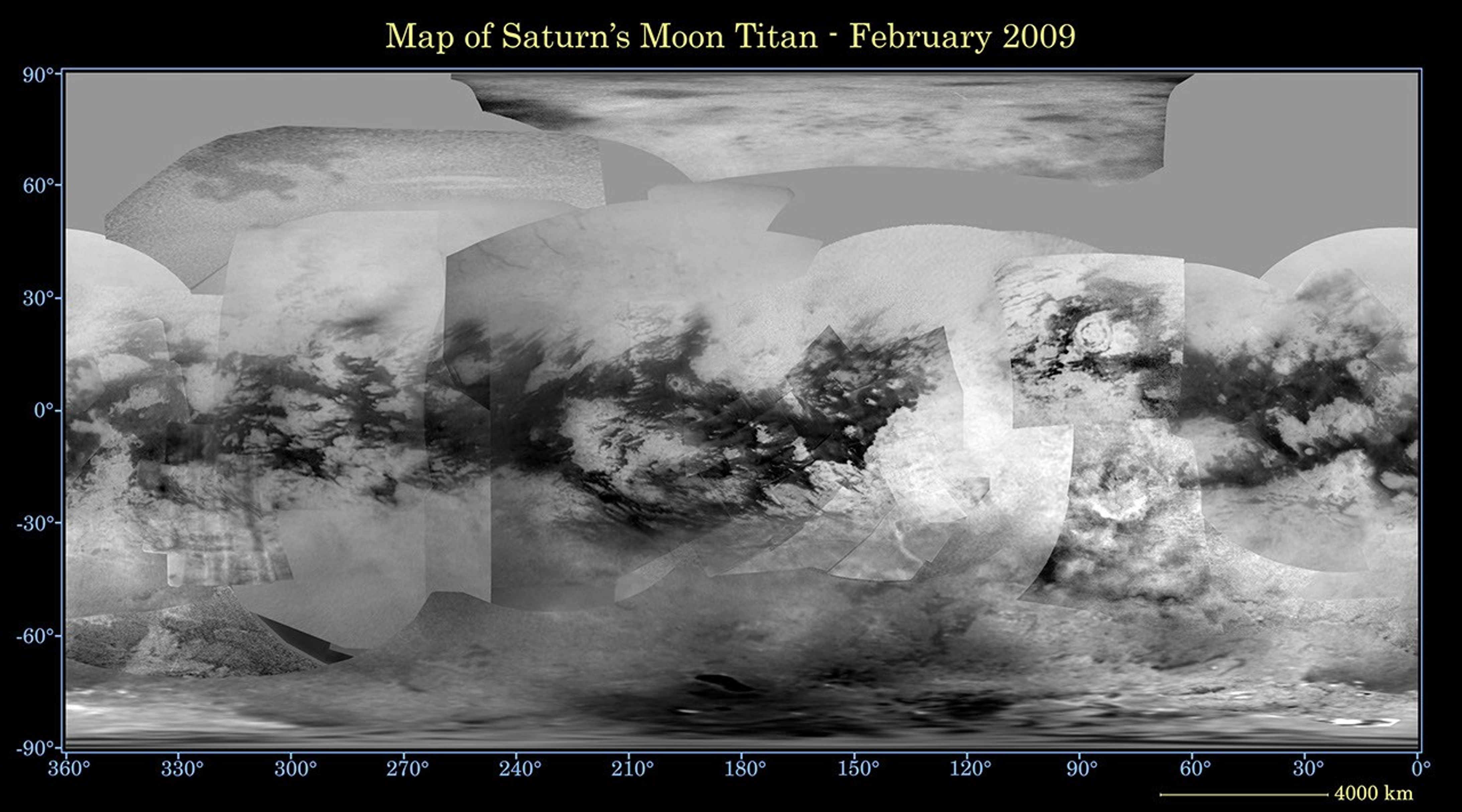 This global digital map of Saturn's moon Titan was created using images taken by NASA's Cassini spacecraft's imaging science subsystem. The images were taken using a filter centered at 938 nanometers.