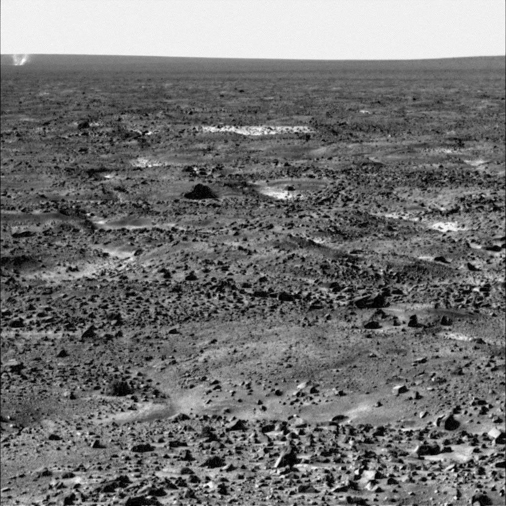 The Surface Stereo Imager on NASA's Phoenix Mars Lander caught this dust devil in action west of the lander on Sol 104, or the 104th Martian day of the mission, Sept. 9, 2008.