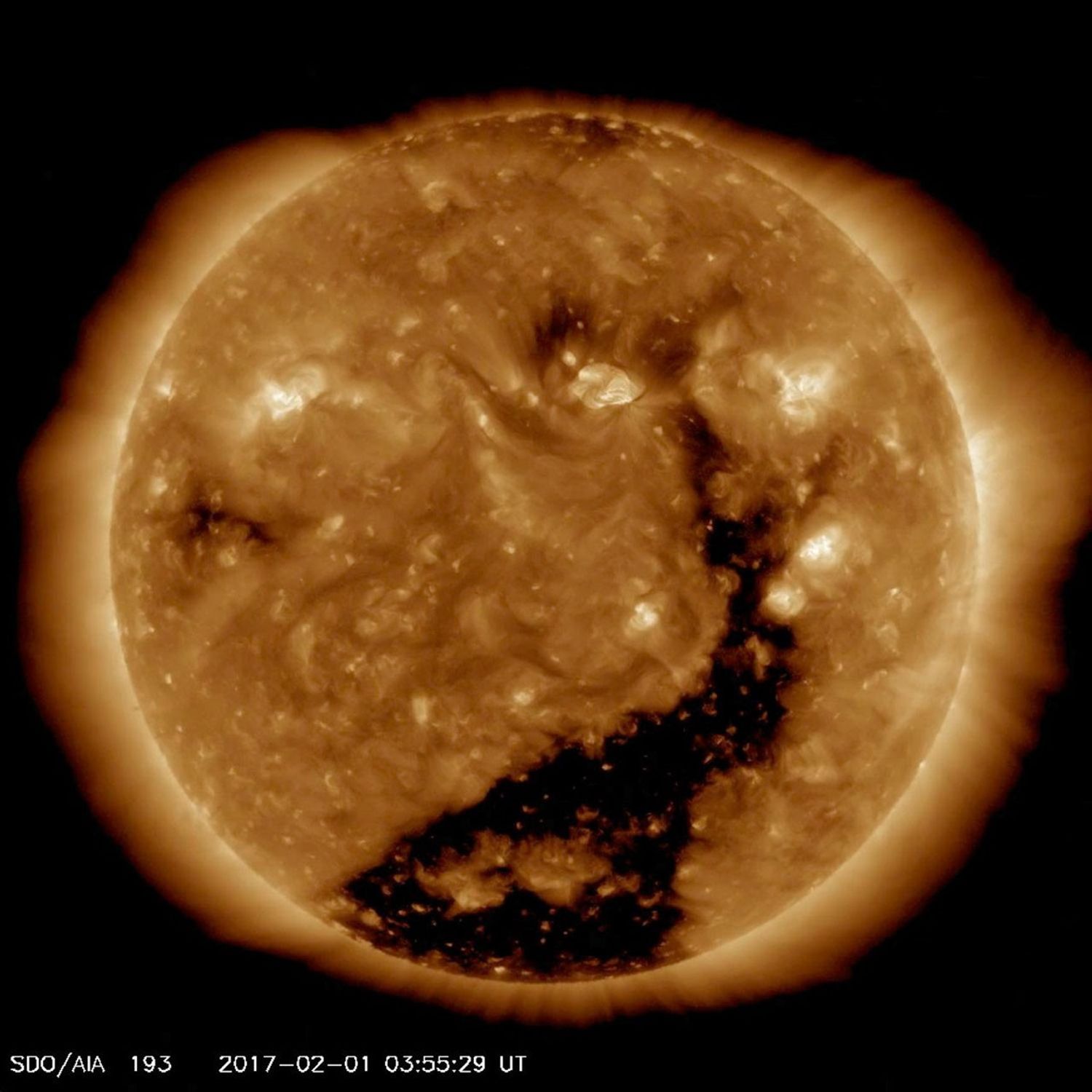 Between Jan. 30-Feb. 2, 2017, NASA's Solar Dynamics Observatory saw a substantial coronal hole rotating across the face of the sun this past week and is again streaming solar wind towards Earth.