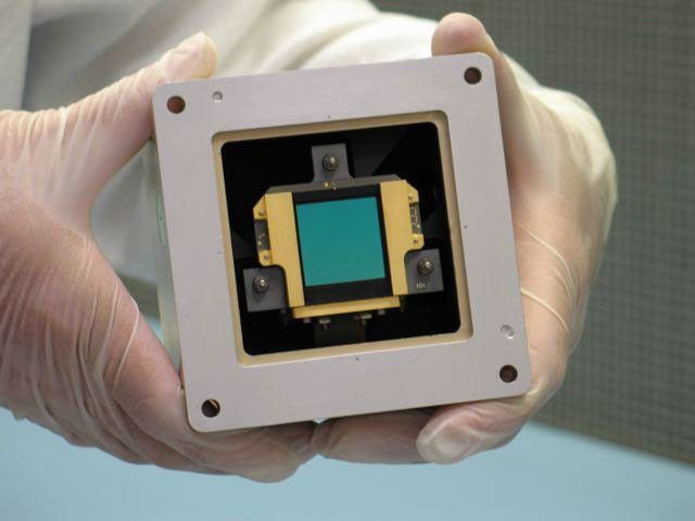 This image shows a model of one of three detectors for the Mid-Infrared Instrument on NASA's James Webb Space Telescope.