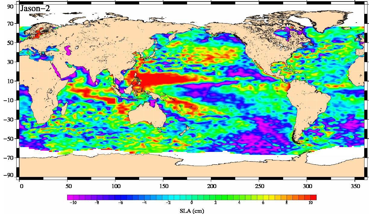 This image shows mean sea-level anomaly data from NASA's OSTM/Jason-2 for the period July 21, 2008, to July 31, 2008.