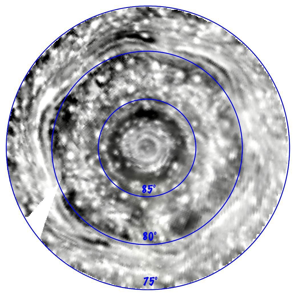 This near-infrared image of Saturn's north pole shows a giant cyclone, encircled by a hexagon feature. A movie was created from several images, taken by the visual and infrared mapping spectrometer onboard NASA's Cassini spacecraft.