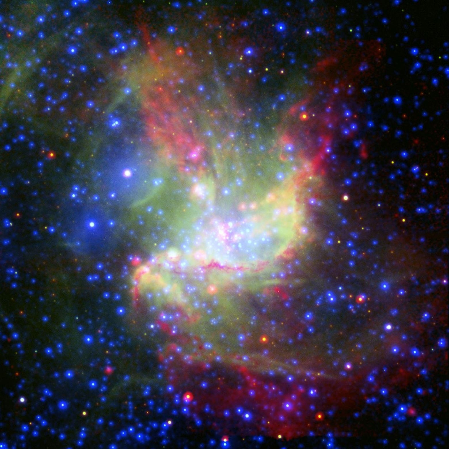 This painterly portrait of a star-forming cloud, called NGC 346, is a combination of multiwavelength light from NASA's Spitzer Space Telescope, the European Southern Observatory's New Technology Telescope, and the European Space Agency.