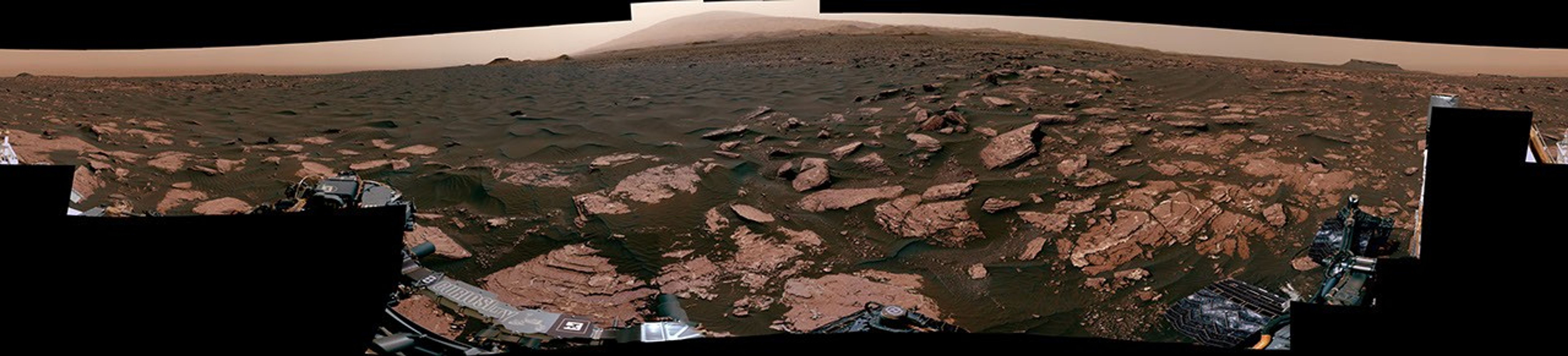 This 360-degree mosaic from the Mastcam on NASA's Curiosity Mars rover looks out over a portion of the Bagnold Dunes, which stretch for several miles.