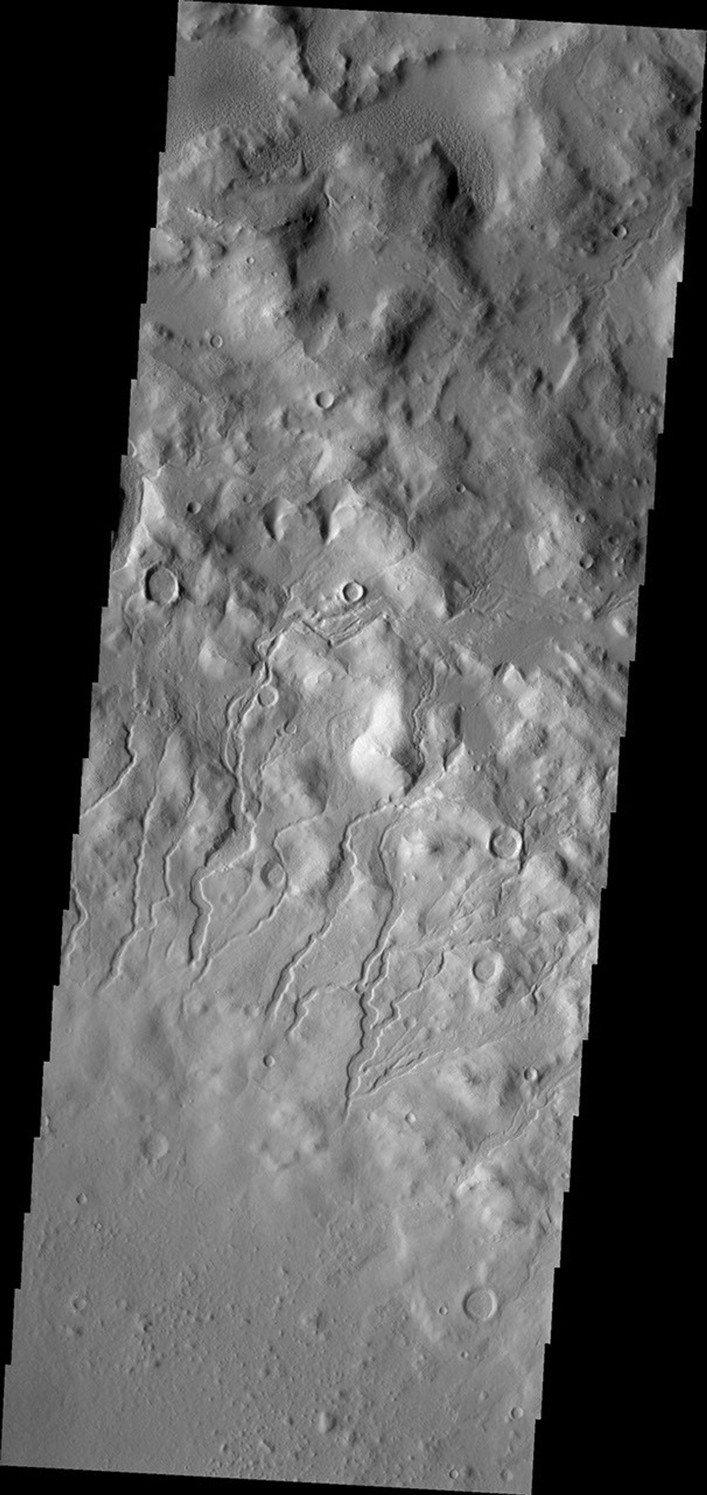 This image from NASA's Mars Odyssey shows channels located on the inner rim of Cerulli Crater on Mars.