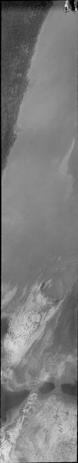 This image from NASA's Mars Odyssey shows Mars' polar dunes and a large region just off the permanent polar cap.