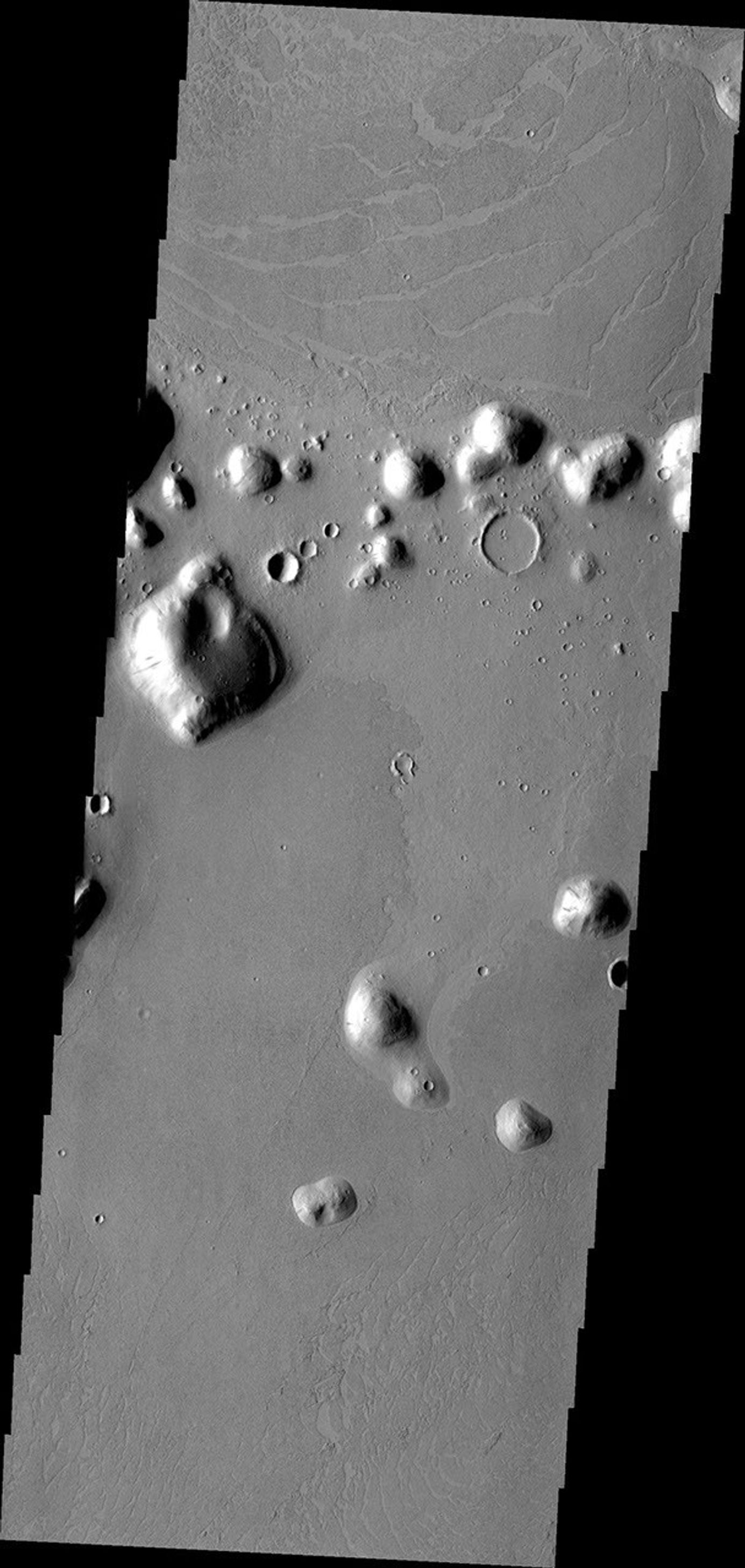 This image from NASA's Mars Odyssey shows Marte Vallis, a large volcanic complex on Mars. Platy flows, where the top crust has cooled and then cracked and moved due to molten lava below, are typical of this volcanic complex.