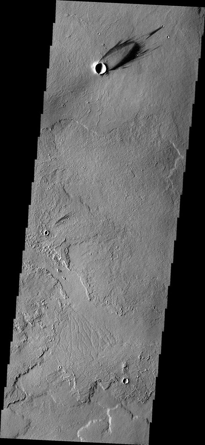 This image from NASA's Mars Odyssey shows an individual windstreak located on the extensive volcanic flows of the Tharsis region.