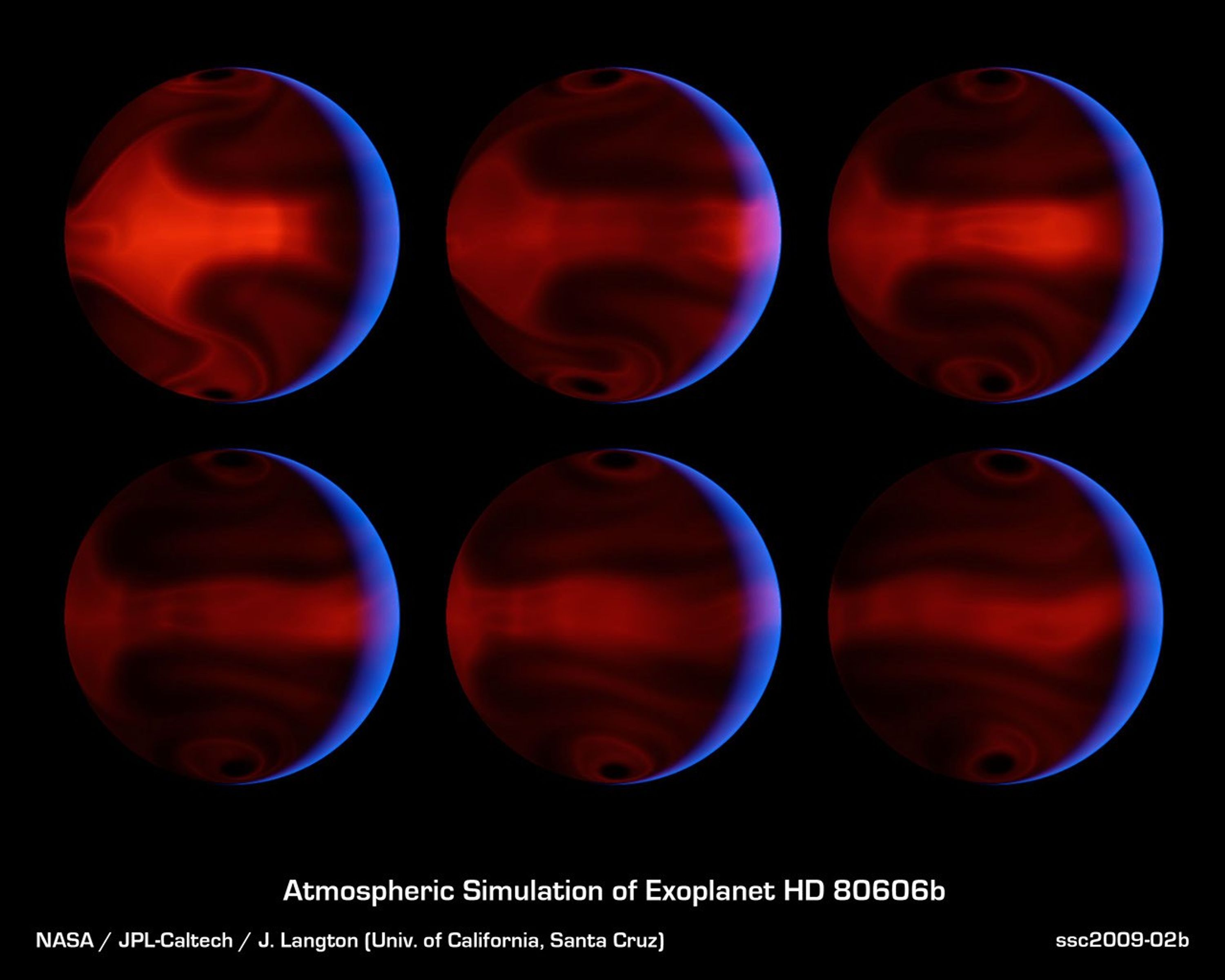These computer-generated images from NASA's Spitzer Space Telescope chart the development of severe weather patterns on the highly eccentric exoplanet HD 80606b during the days after its closest approach to its parent star.