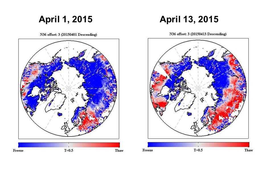 The radar measurements made by NASA's Soil Moisture Active Passive (SMAP) observatory are sensitive to whether land surfaces are frozen or thawed.