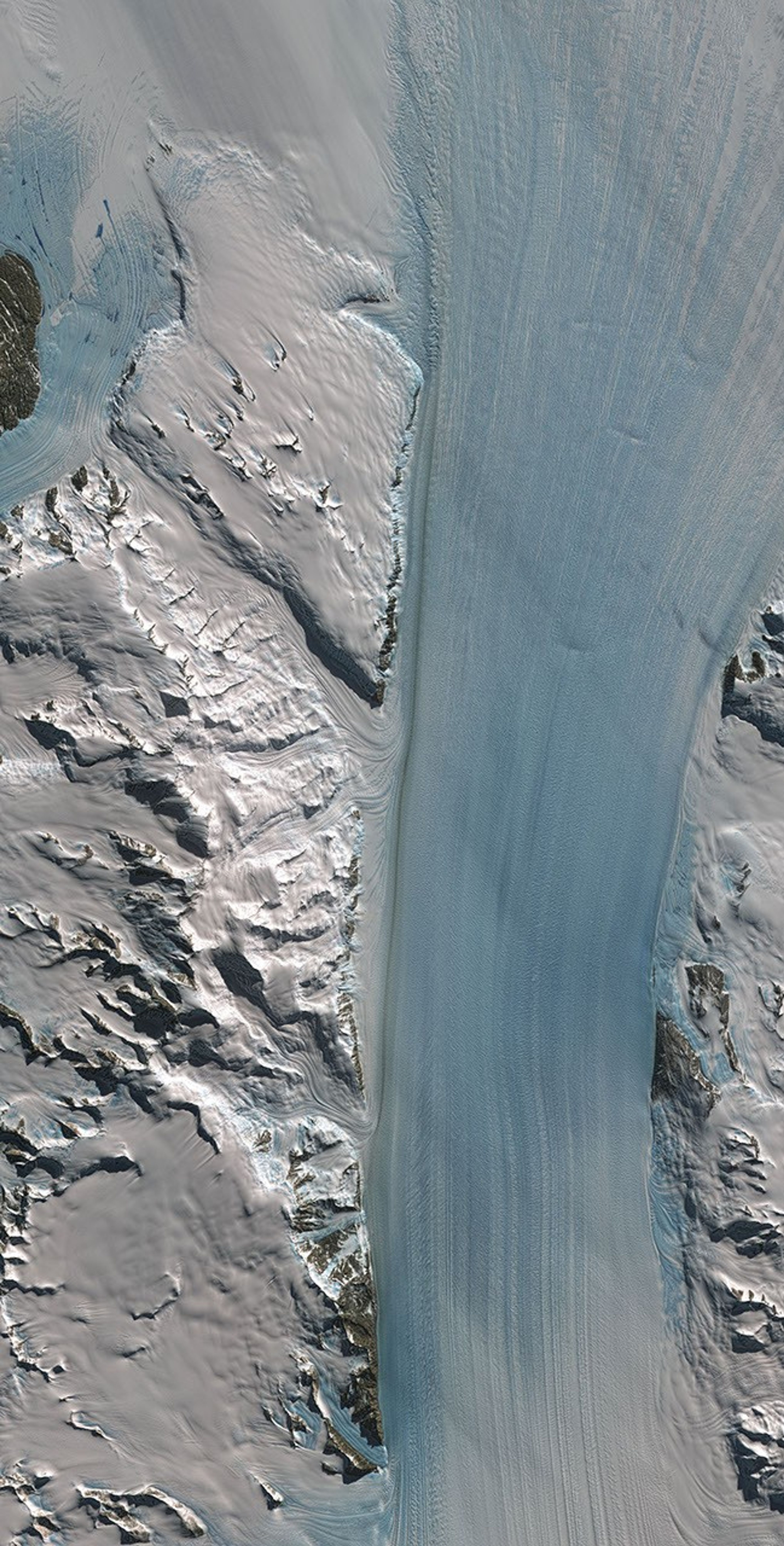 Byrd Glacier is a major glacier in Antarctica; it drains an extensive area of the polar plateau and flows eastward between the Britannia Range and the Churchill Mountains to discharge into the Ross Ice Shelf. This image is from NASA's Terra satellite.