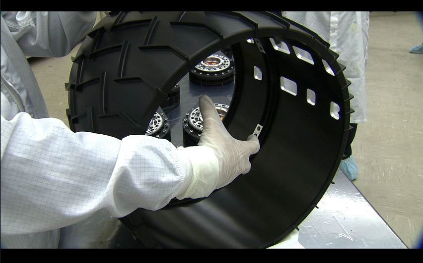 Each of the six wheels for NASA's Mars Science Laboratory rover is about half a meter (20 inches) in diameter.