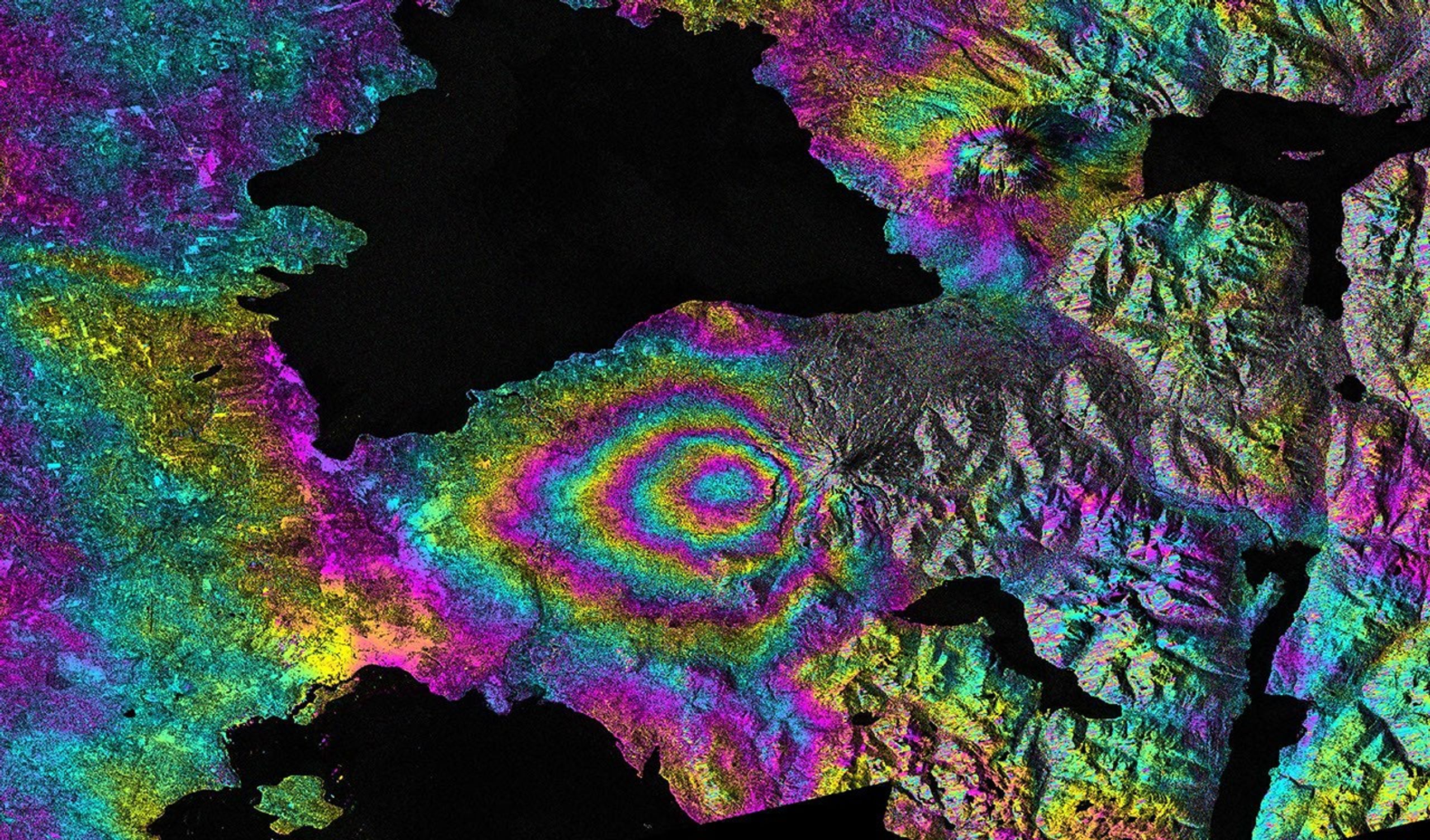 This satellite interferometric synthetic aperture radar image-pair shows relative deformation of the Earth's surface when nn April 22-23, 2015, significant explosive eruptions occurred at Calbuco volcano, Chile.