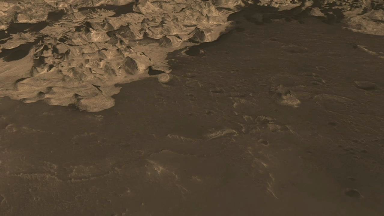 This image from NASA's Mars Reconnaissance Orbiter (MRO) is part of simulated flyover showing rhythmic layers of sedimentary rock inside Becquerel crater on Mars.