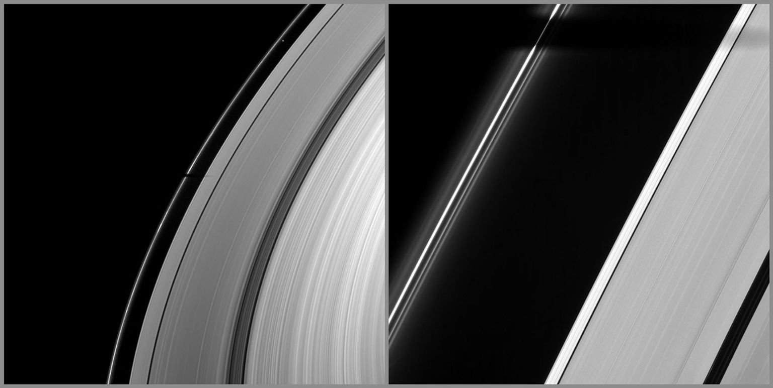 Joining other moons in heralding the coming of Saturn's August 2009 equinox, the moon Tethys casts its shadow across Saturn's F ring and part of the A ring in this image from NASA's Cassini spacecraft taken on March 20, 2009.
