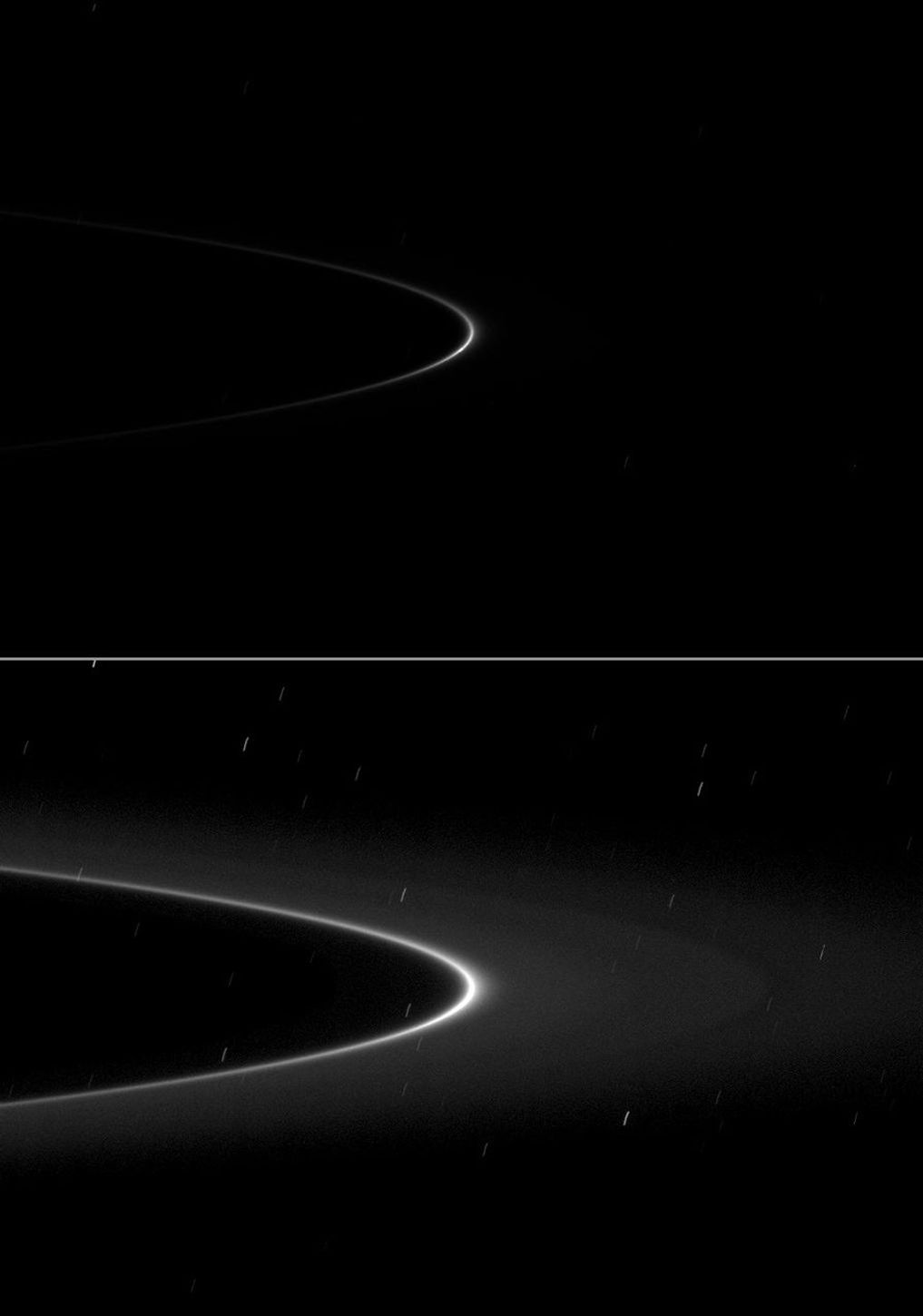 A bright arc within Saturn's faint G ring holds a tiny gift. A small moonlet is just visible as a short streak near the ansa of the G ring arc in the top of two versions of the same image from NASA's Cassini spacecraft taken on Jan. 28, 2009.