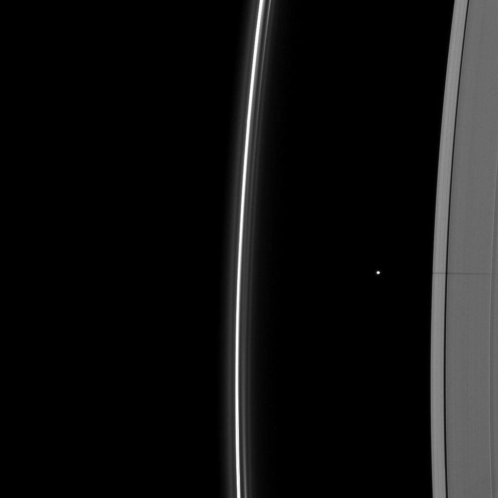 The shadow of the moon Janus dwarfs the shadow of Daphnis on Saturn's A ring in this image taken as the planet approached its August 2009 equinox. This image is from NASA's Cassini spacecraft.