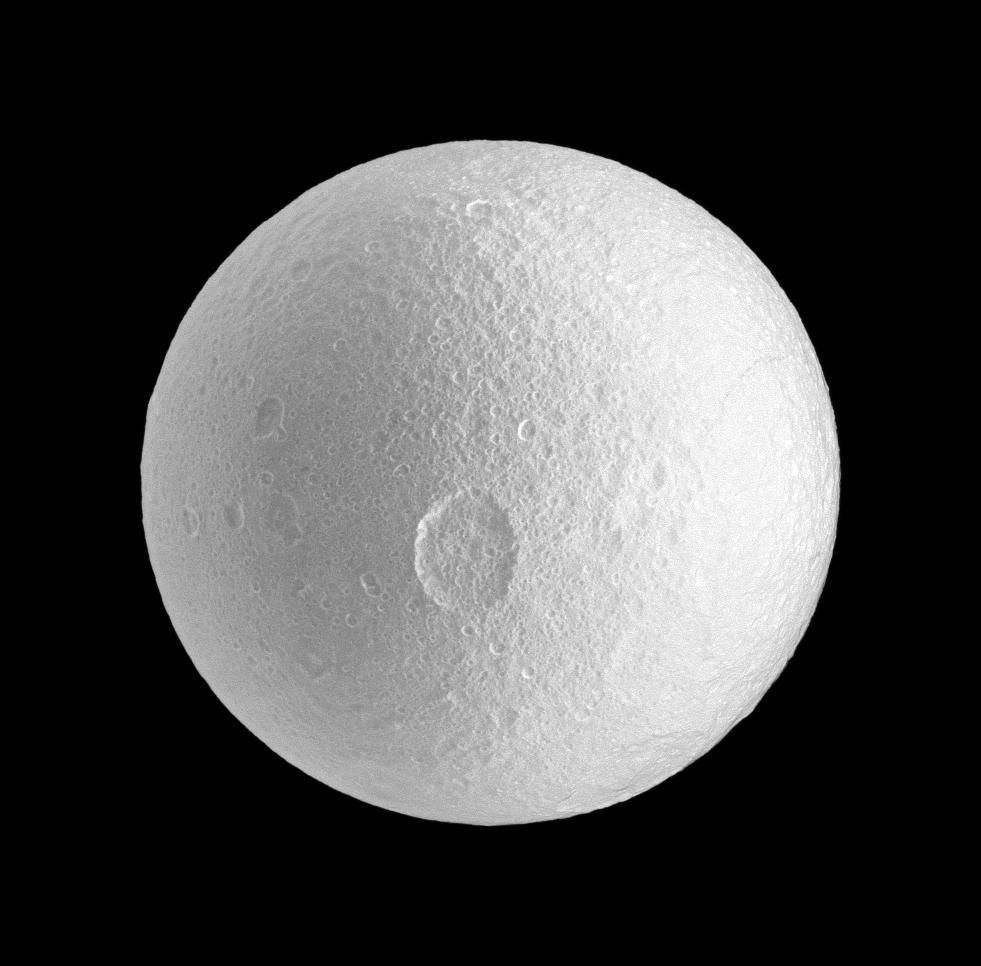NASA's Cassini spacecraft spies the large Penelope crater on Saturn's moon Tethys. This image is from NASA's Cassini spacecraft.