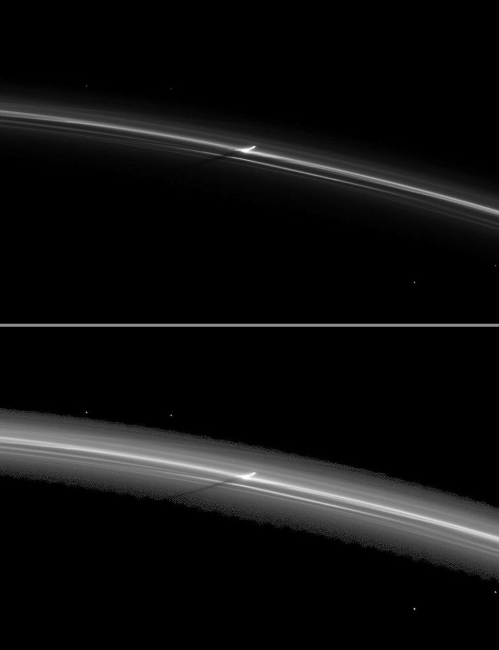 As Saturn approaches its August 2009 equinox, a shadow is cast by a narrow, vertically extended feature in the F ring as seen by NASA's Cassini spacecraft.