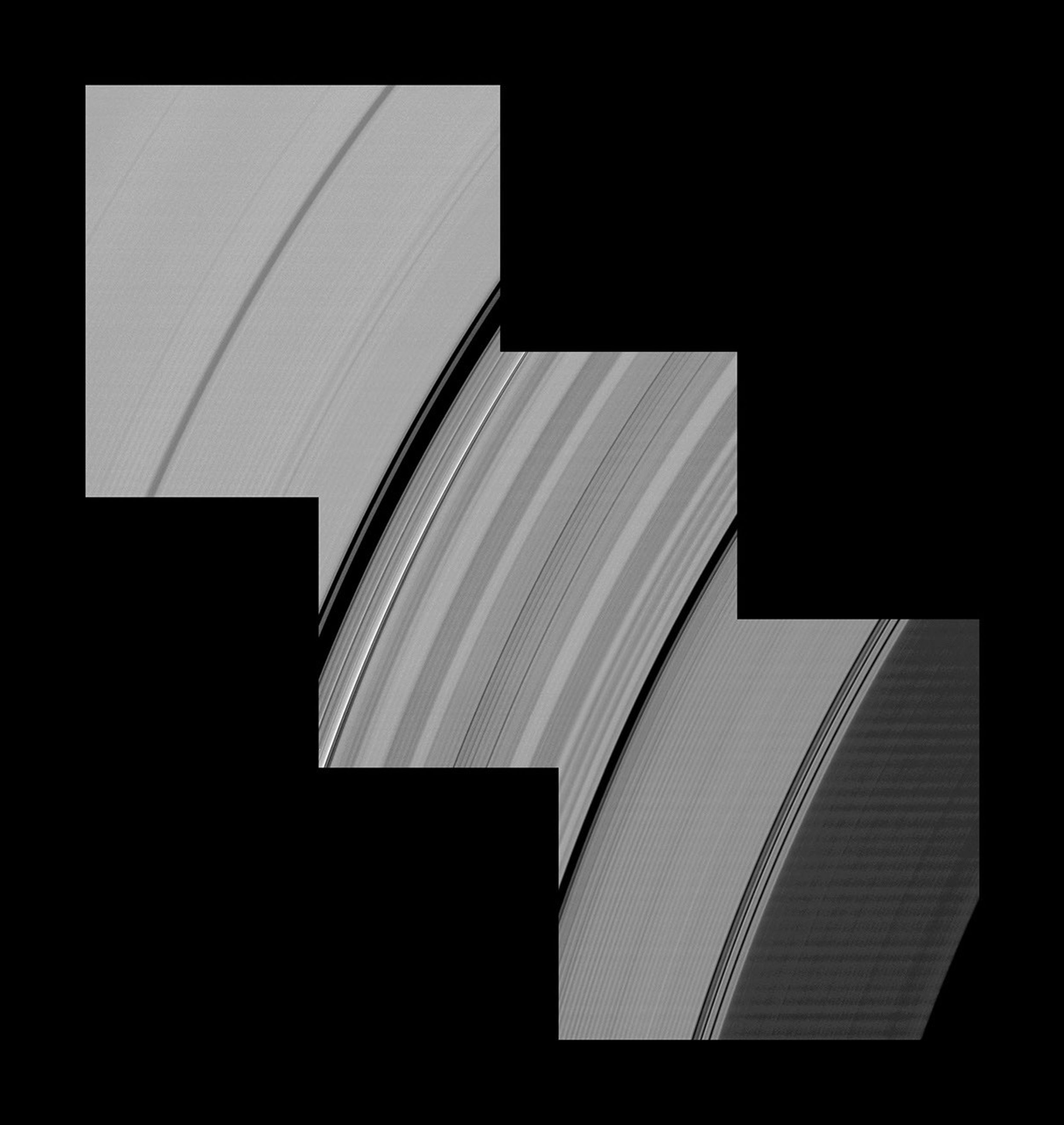 Alternating light and dark bands, extending a great distance across Saturn's D and C rings taken by NASA's Cassini spacecraft one month before the planet's August 2009 equinox.