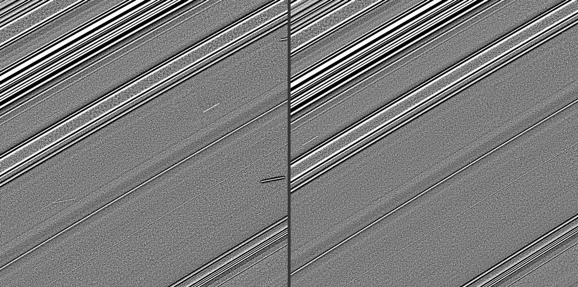 These two images, taken four years before Saturn's August 2009 equinox by NASA's Cassini spacecraft, indicate the streaks in these images are likely evidence of impacts into the planet's rings.