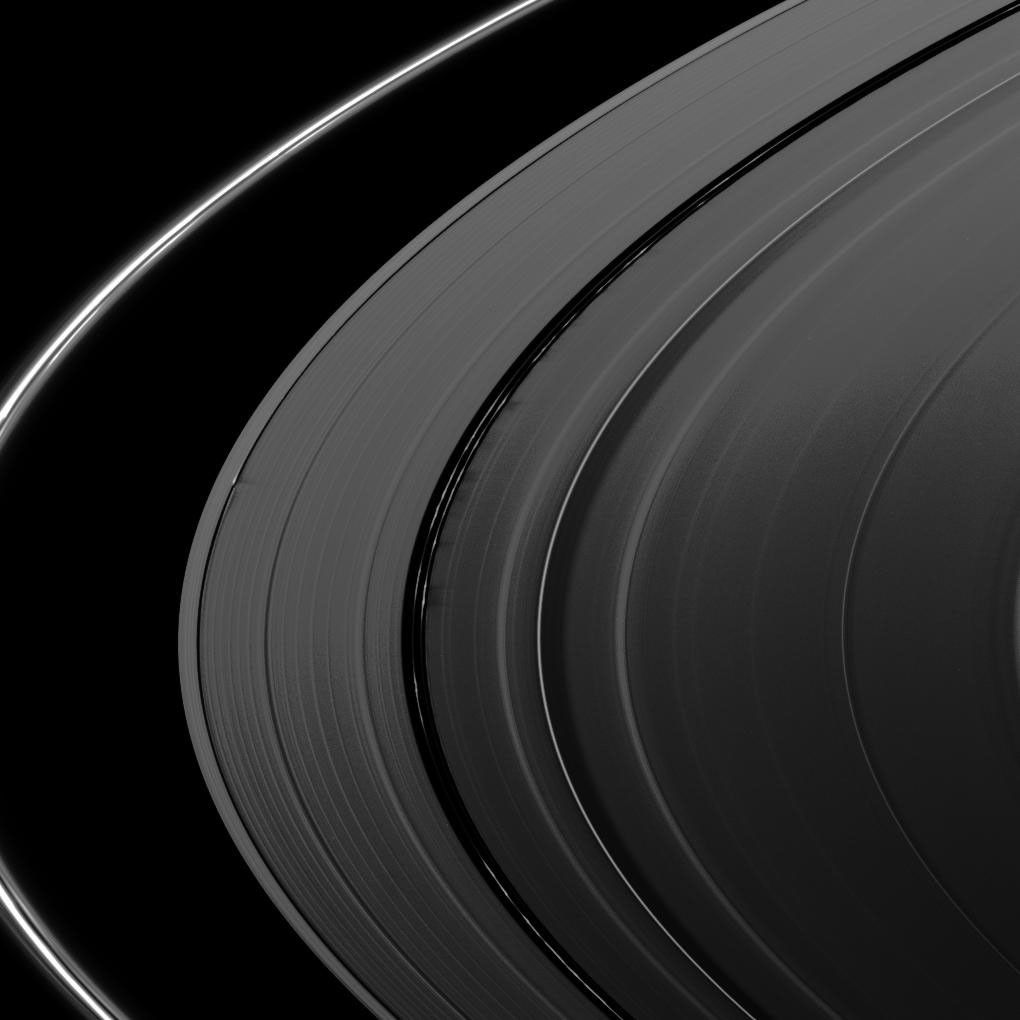 Several sets of shadows are cast onto the A ring in this image taken by NASA's Cassini Orbiter about a week after Saturn's August 2009 equinox.