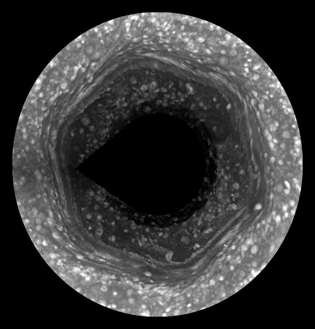 This image from NASA's Cassini, made possible only as Saturn's north pole emerged from winter darkness, shows new details of a jet stream that follows a hexagon-shaped path and has long puzzled scientists.
