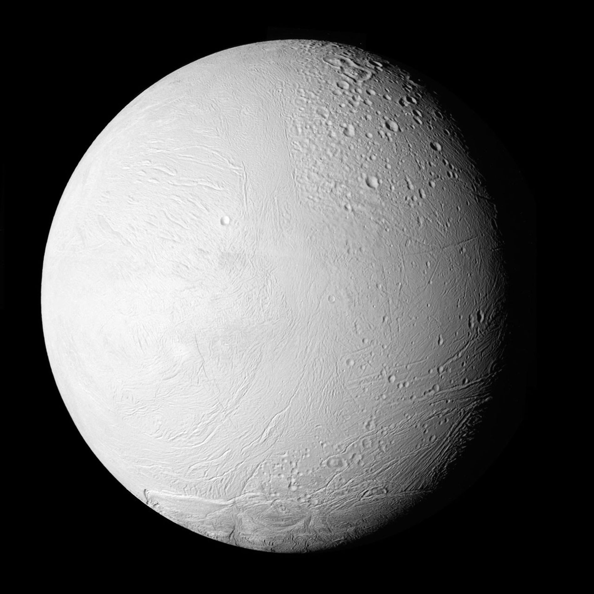 NASA's Cassini spacecraft shows a new view of Saturn's moon Enceladus in a whole-disk mosaic of the geologically active moon's leading, or western, hemisphere.