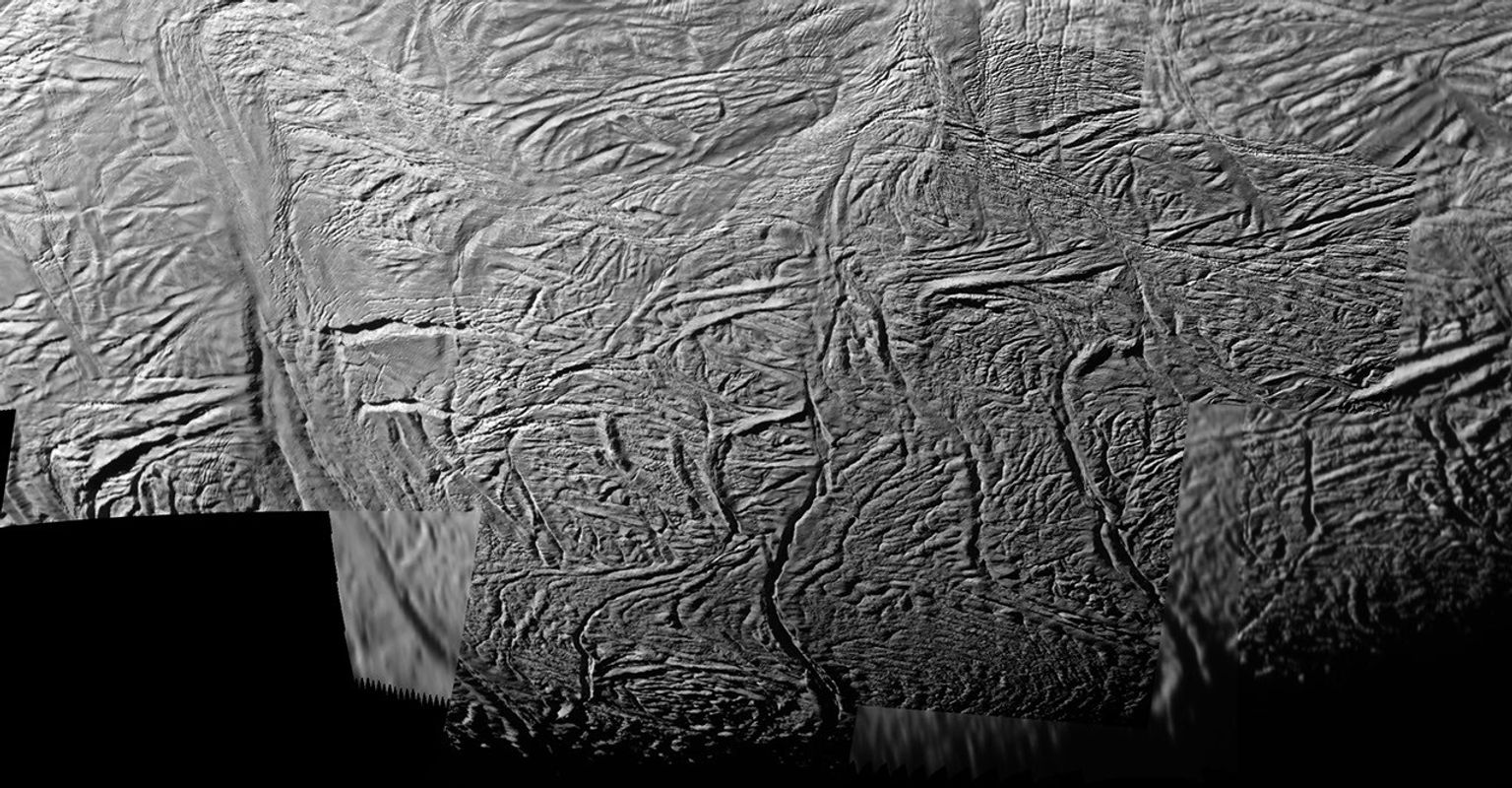 This mosaic shows extraordinary details of tectonic deformation in the fractured south polar region of Saturn's moon Enceladus, where jets of water ice spray outward to form Saturn's E ring. The images were captured by NASA's Cassini spacecraft.