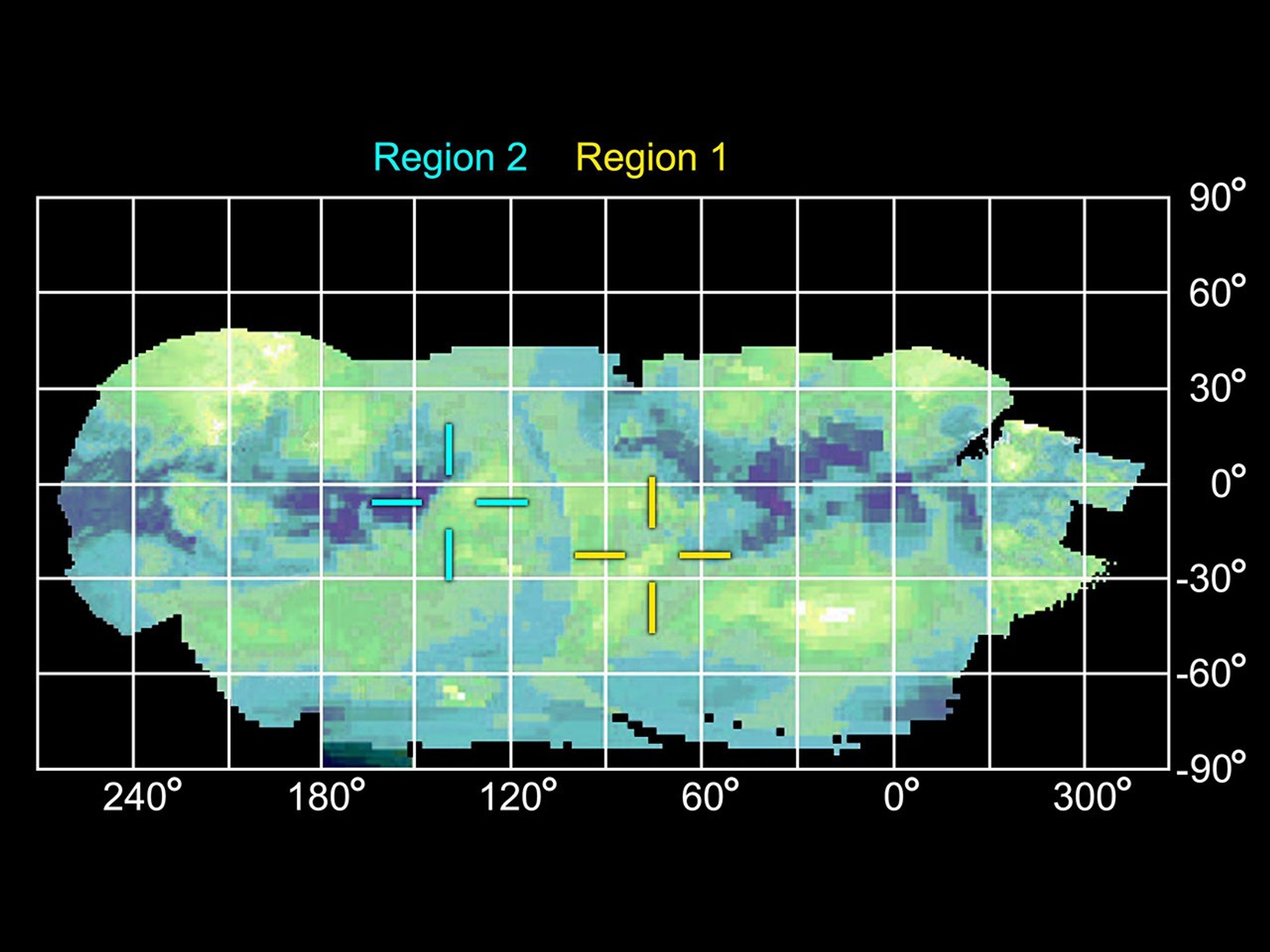 This infrared projection map of Titan was composed from images taken by NASA's Cassini spacecraft, visual and infrared mapping spectrometer.