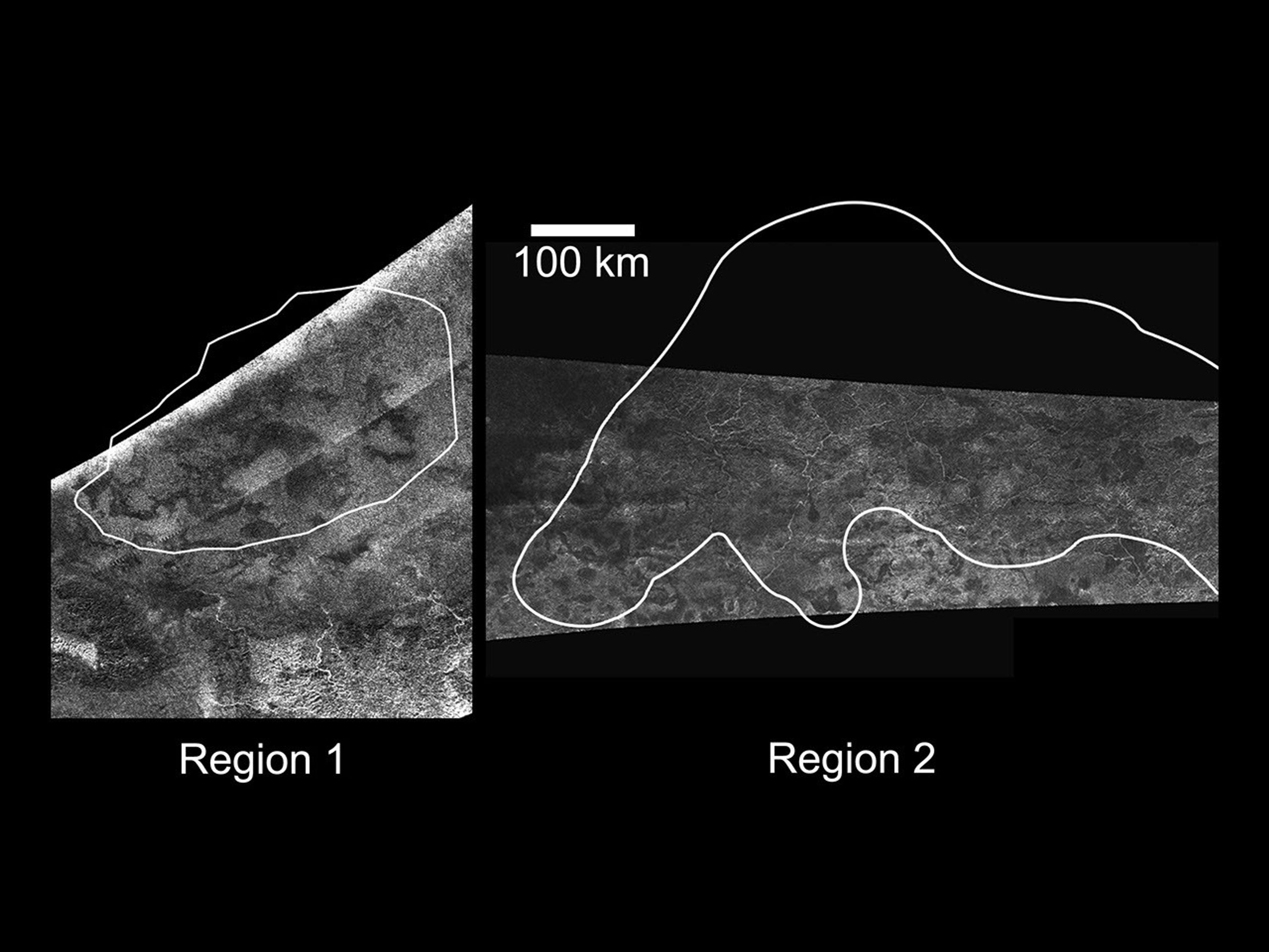NASA's Cassini Radar Mapper imaged Titan on Feb. 22, 2008 (as shown on the left) and April 30, 2006 (as shown on the right).