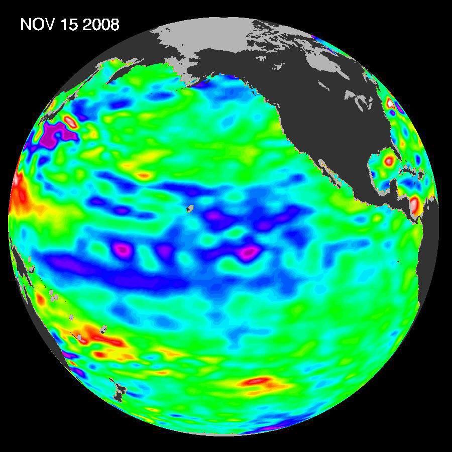This image of sea-surface height measurements from NASA's U.S./French Jason-1 oceanography satellite shows the Pacific Ocean remains locked in a strong, cool phase of the Pacific Decadal Oscillation.
