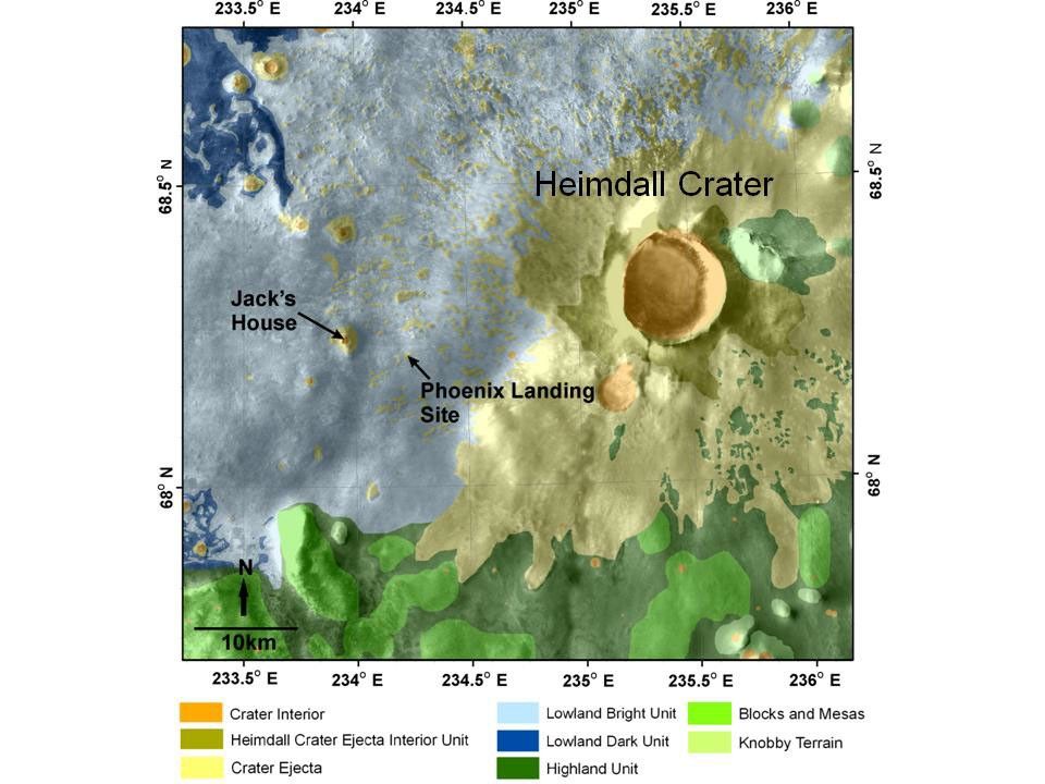 This map shows a color-coded interpretation of geomorphic units -- categories based on surface textures and contour -- in the region where NASA's Phoenix Mars Lander has studied an arctic Martian plain.