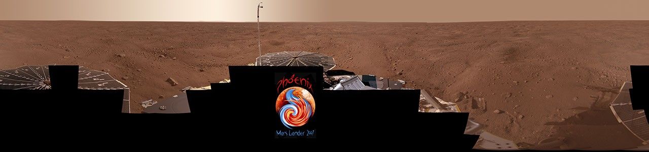 This view combines more than 400 images taken during the first several weeks after NASA's Phoenix Mars Lander arrived on an arctic plain at 68.22 degrees north latitude, 234.25 degrees east longitude on Mars.
