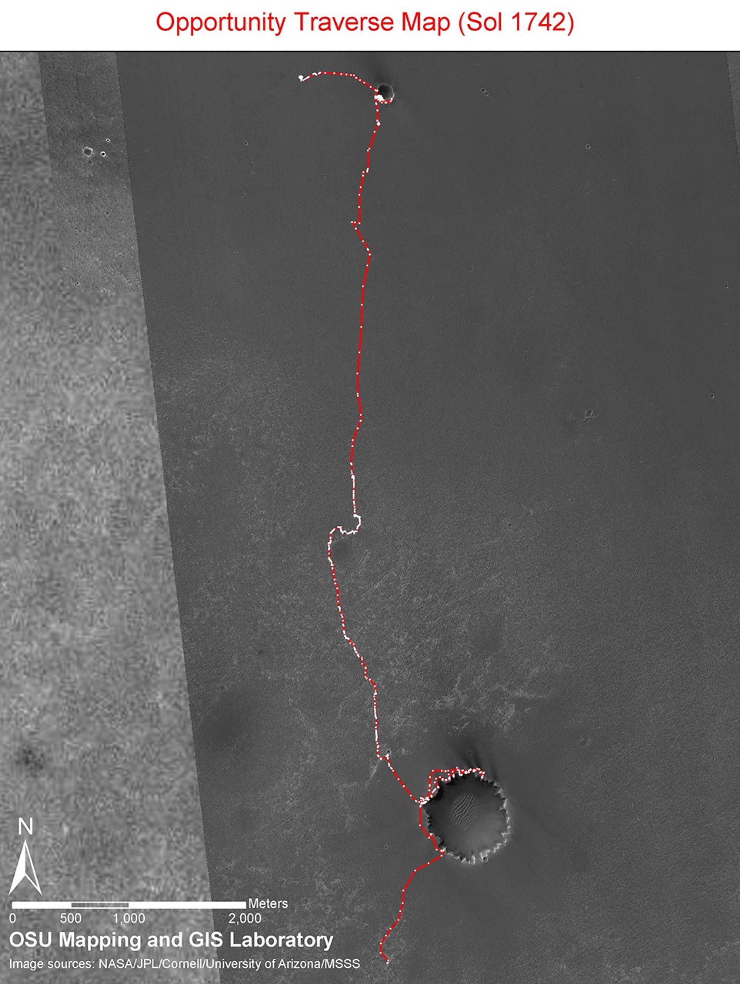 This traverse map traces the route that NASA's Mars Exploration Rover Opportunity drove from its landing inside Eagle Crater on Jan. 4, 2004.