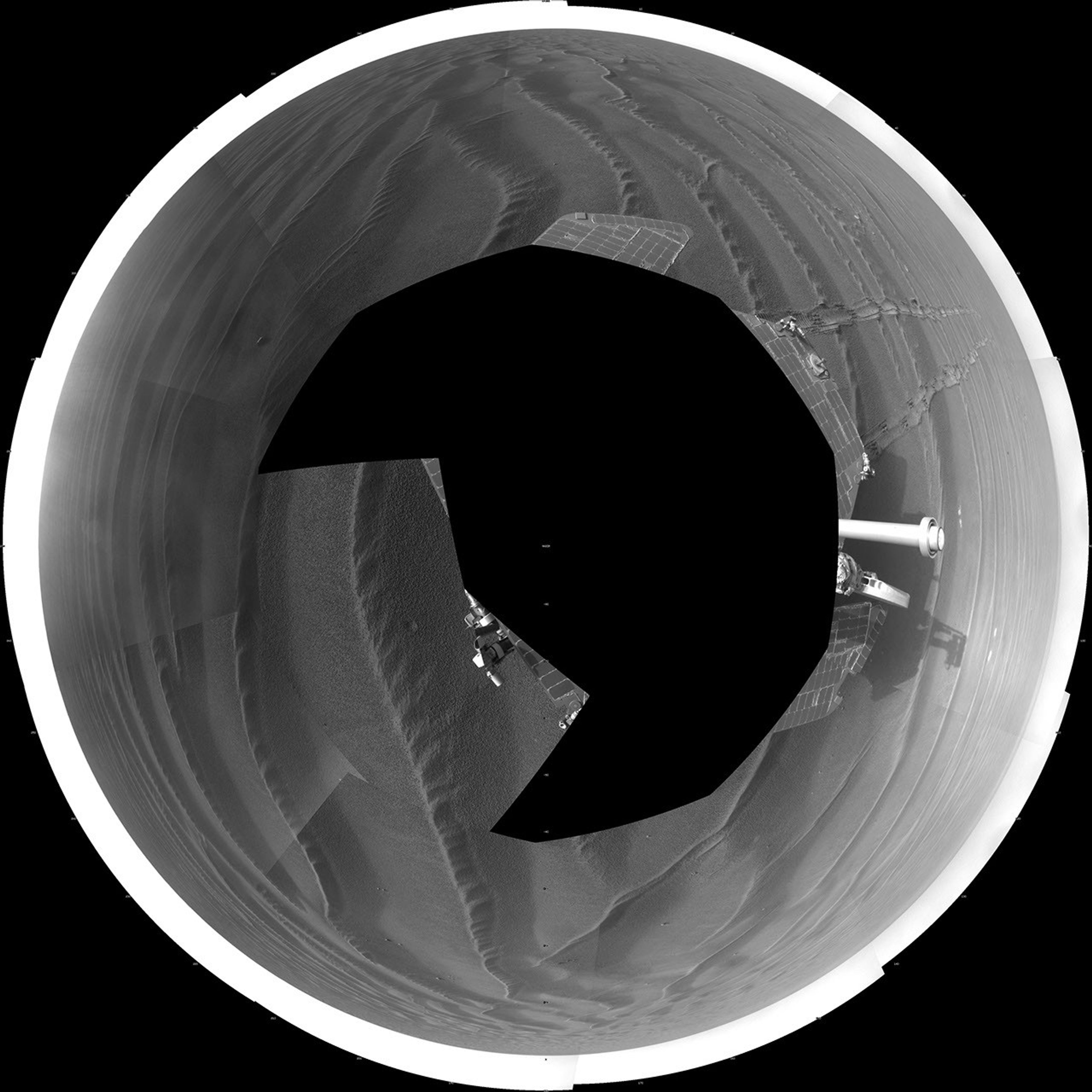 NASA's Mars Exploration Rover Opportunity to this polar projection 360-degree view of the its surroundings on Oct. 22, 2008 southwest of Victoria Crater on Mars.