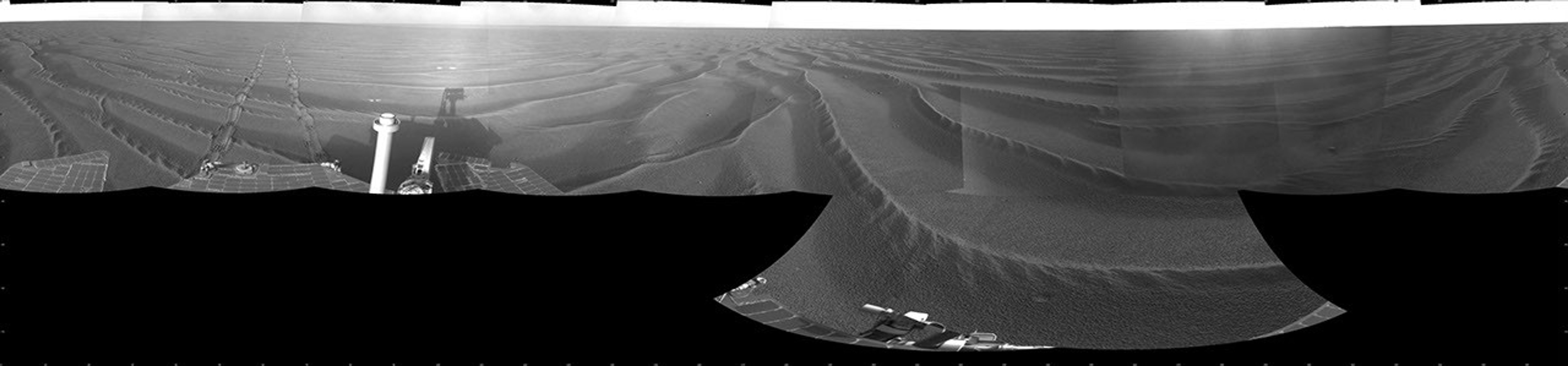 NASA's Mars Exploration Rover Opportunity used its navigation camera to take the images combined into this 360-degree view of the rover's surroundings.