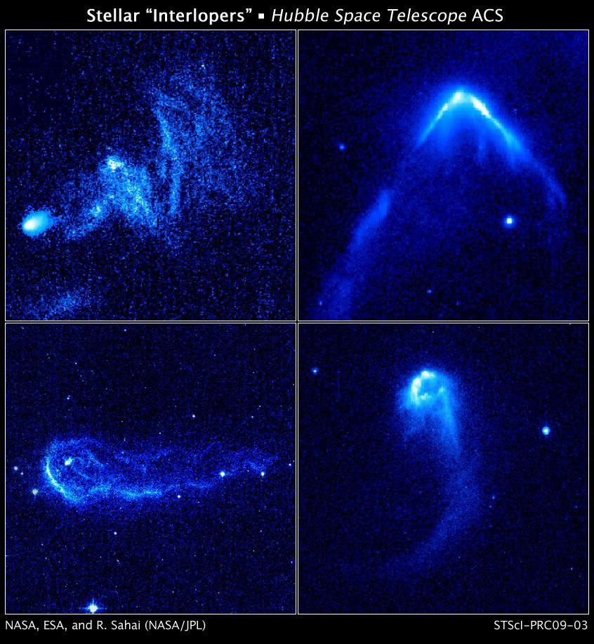 These bright arrowheads, or bow shocks, can be seen in these four images taken with NASA's Hubble Space Telescope. The bow shocks form when the stars' powerful stellar winds, streams of matter flowing from the stars, slam into surrounding dense gas.