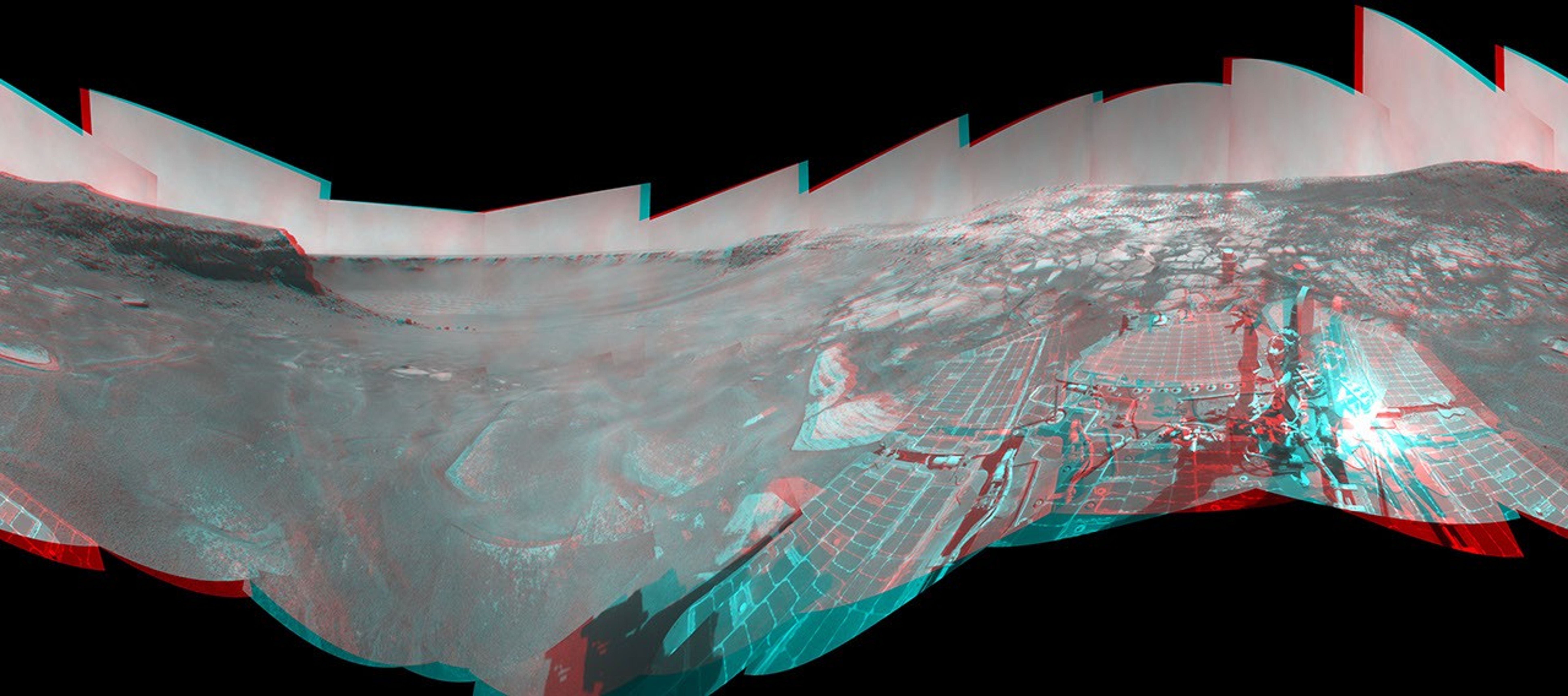 This cylindrical image from NASA's Mars Exploration Rover Opportunity shows the site within an alcove called 'Duck Bay' in the western portion of Victoria Crater taken in April, 2008.