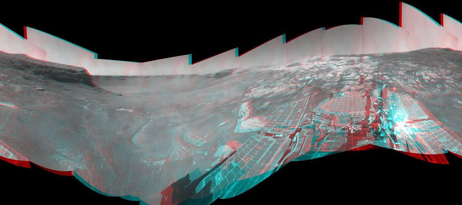 This cylindrical image from NASA's Mars Exploration Rover Opportunity shows the site within an alcove called 'Duck Bay' in the western portion of Victoria Crater taken in April, 2008.