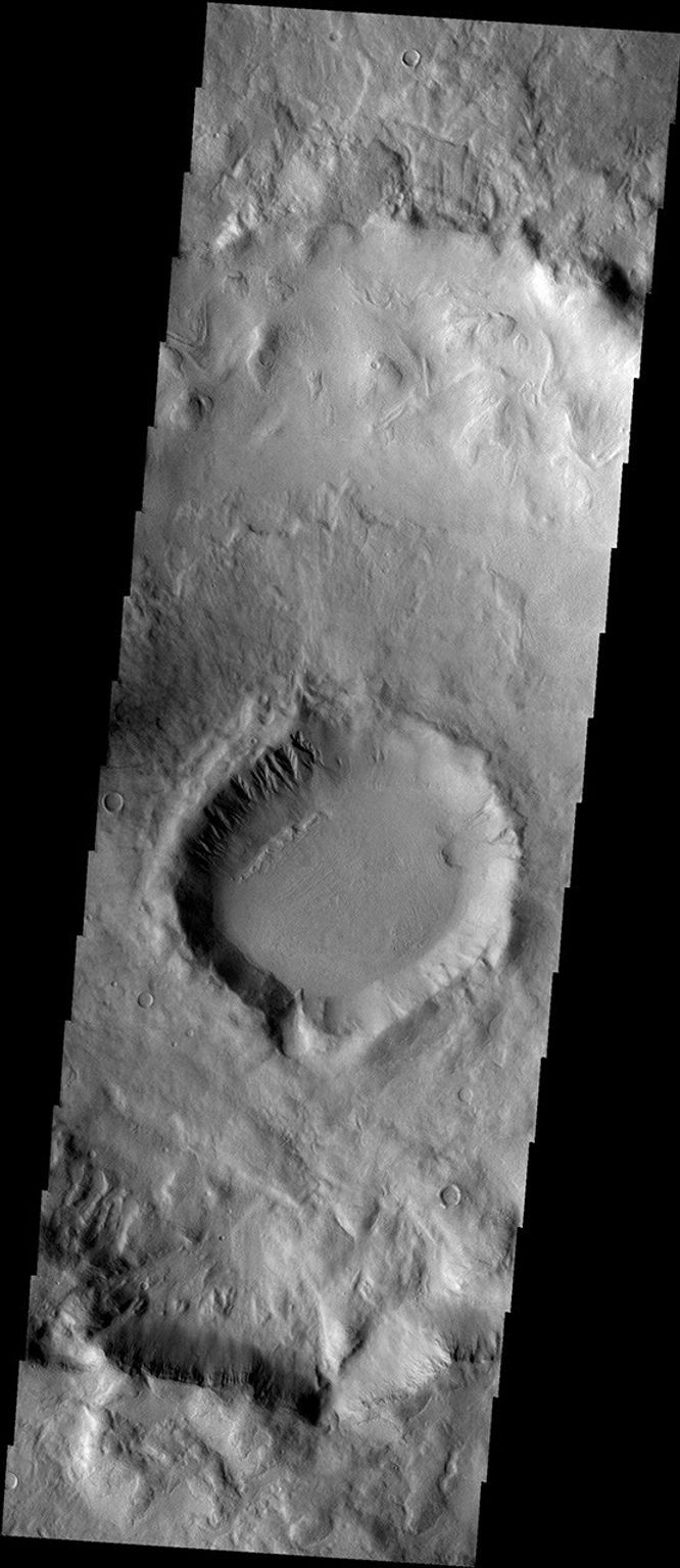 This image from NASA's Mars Odyssey shows the eastern portion of the Hellas basin on Mars. It has gullies and arcuate ridges on its north, pole-facing interior wall.
